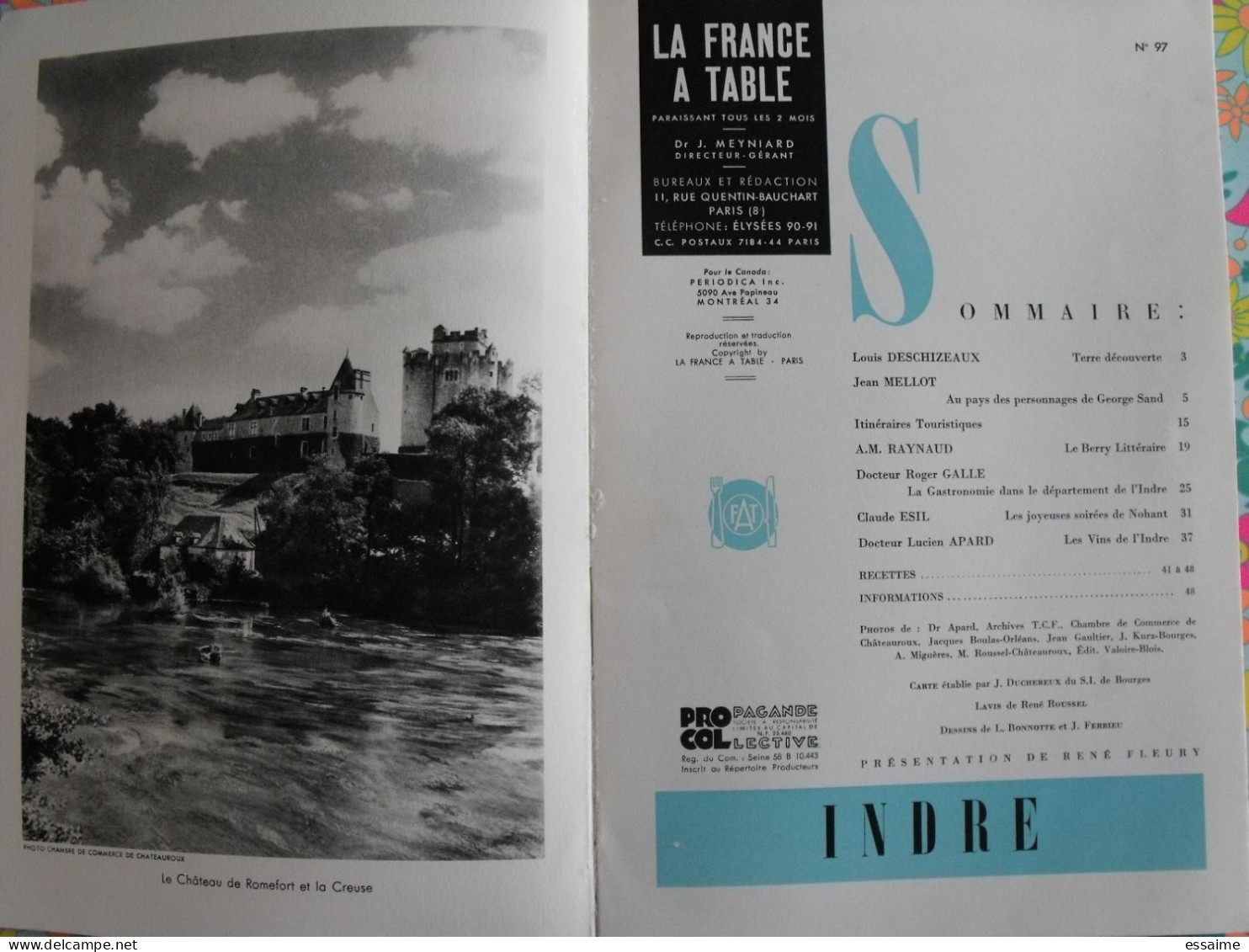 La France à Table N° 97. 1962. Indre. Chateauroux Nohant Sand Déols Neuvy Le Blanc Châtre Chabenet Argenton. Gastronomie - Tourismus Und Gegenden