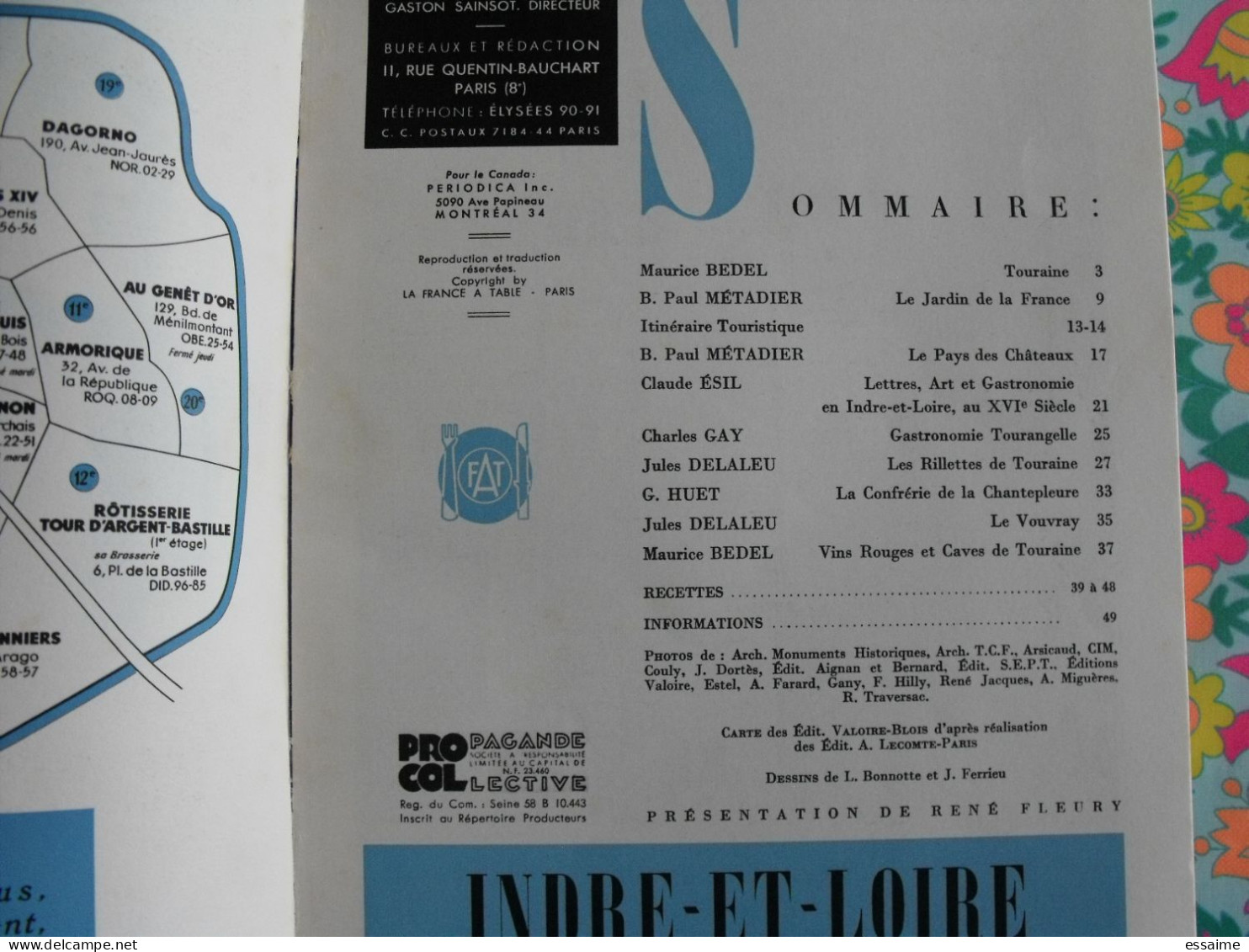 La France à Table N° 92. 1961. Indre-et-Loire. Chenonceaux  Loches Touraine Tours  Amboise Villandry Bléré. Gastronomie - Tourismus Und Gegenden