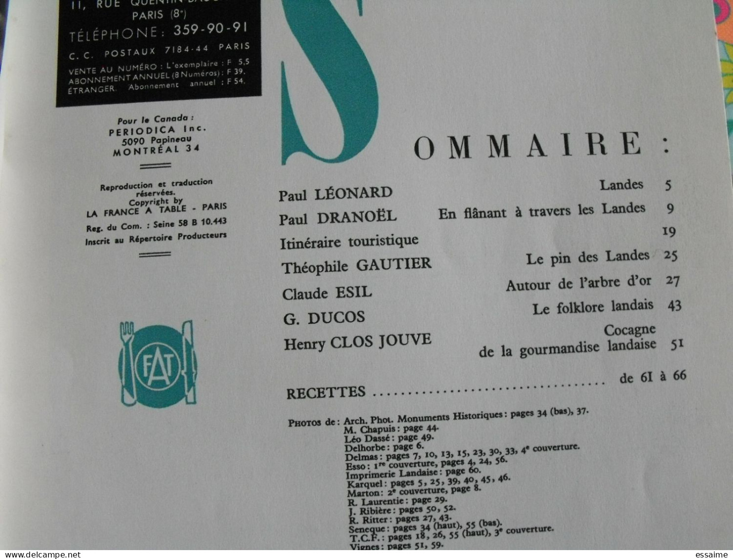 La France à Table N° 160. 1972. Landes. Grenade Dax Léon  Mont-de-marsan Villaudran Saint-sever. Gastronomie - Tourismus Und Gegenden