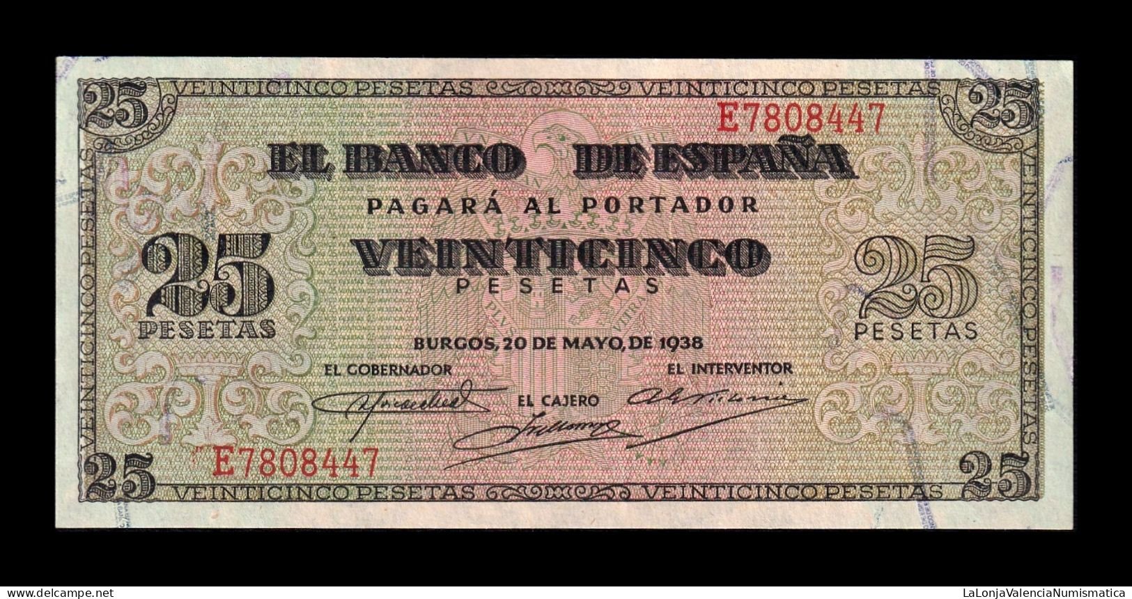 España Spain 25 Pesetas Burgos 1938 Pick 111a Sc- AUnc - 25 Peseten