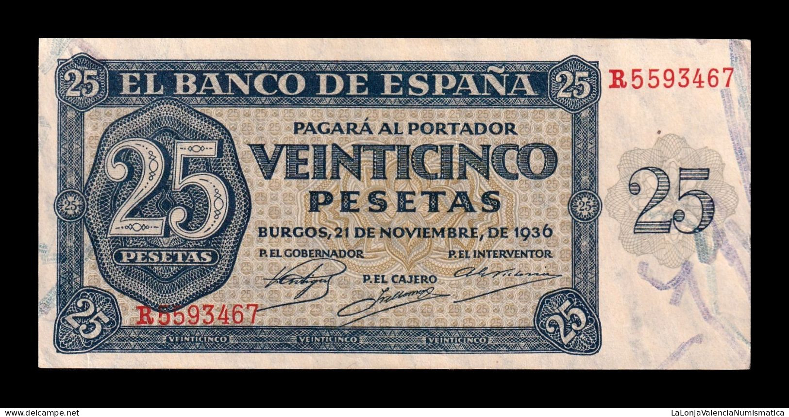 España Spain 25 Pesetas Burgos 1936 Pick 99a Sc- AUnc - 25 Peseten