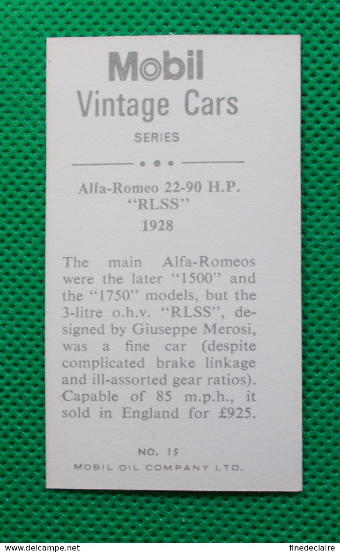 Trading Card - Mobil Vintage Cars - (6,8 X 3,8 Cm) - 1928 Alfa Roméo 22-90 HP "RLSS" - N° 15 - Engine