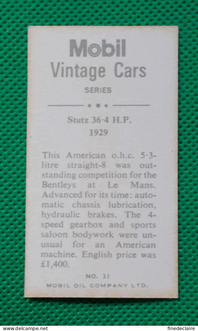 Trading Card - Mobil Vintage Cars - (6,8 X 3,8 Cm) - 1929 Stutz 36.4 HP - N° 21 - Engine