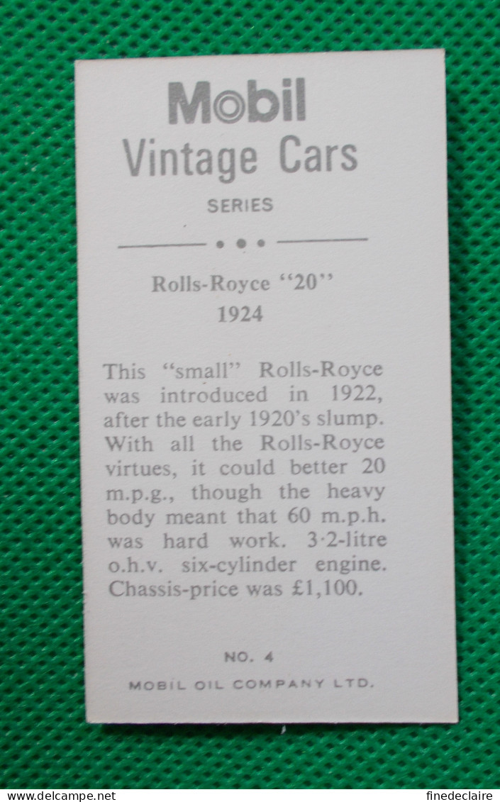 Trading Card - Mobil Vintage Cars - (6,8 X 3,8 Cm) - 1924 Rolls Royce "Twenty" - N° 4 - Moteurs