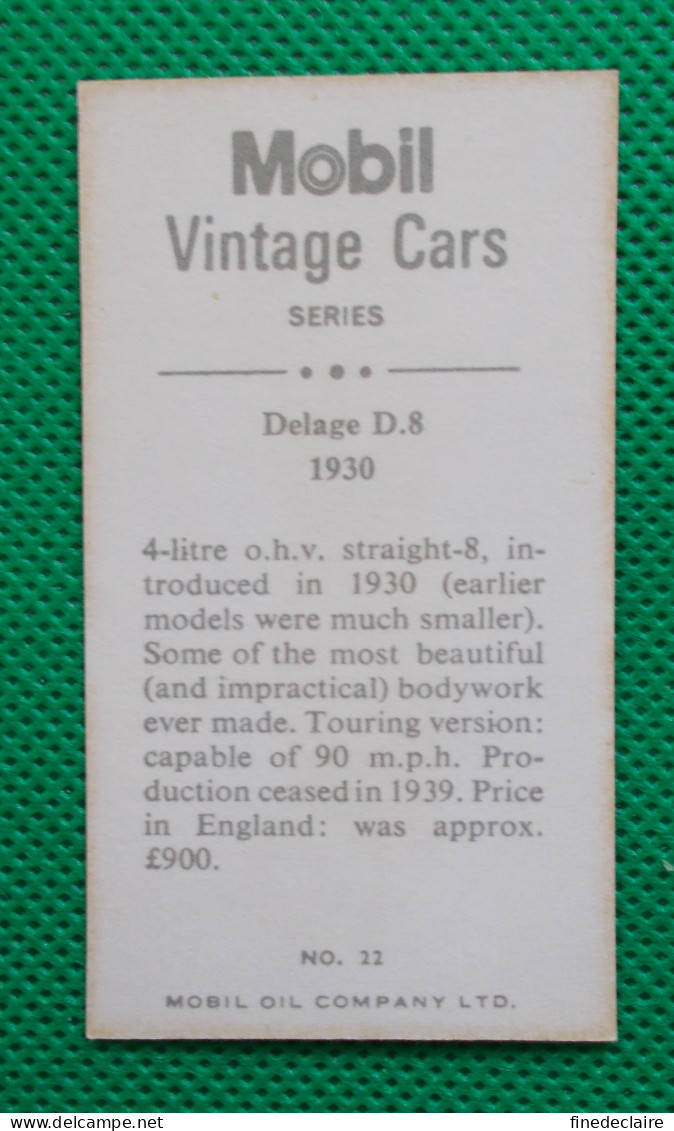 Trading Card - Mobil Vintage Cars - (6,8 X 3,8 Cm) - 1930 Delage D8 - N° 22 - Engine