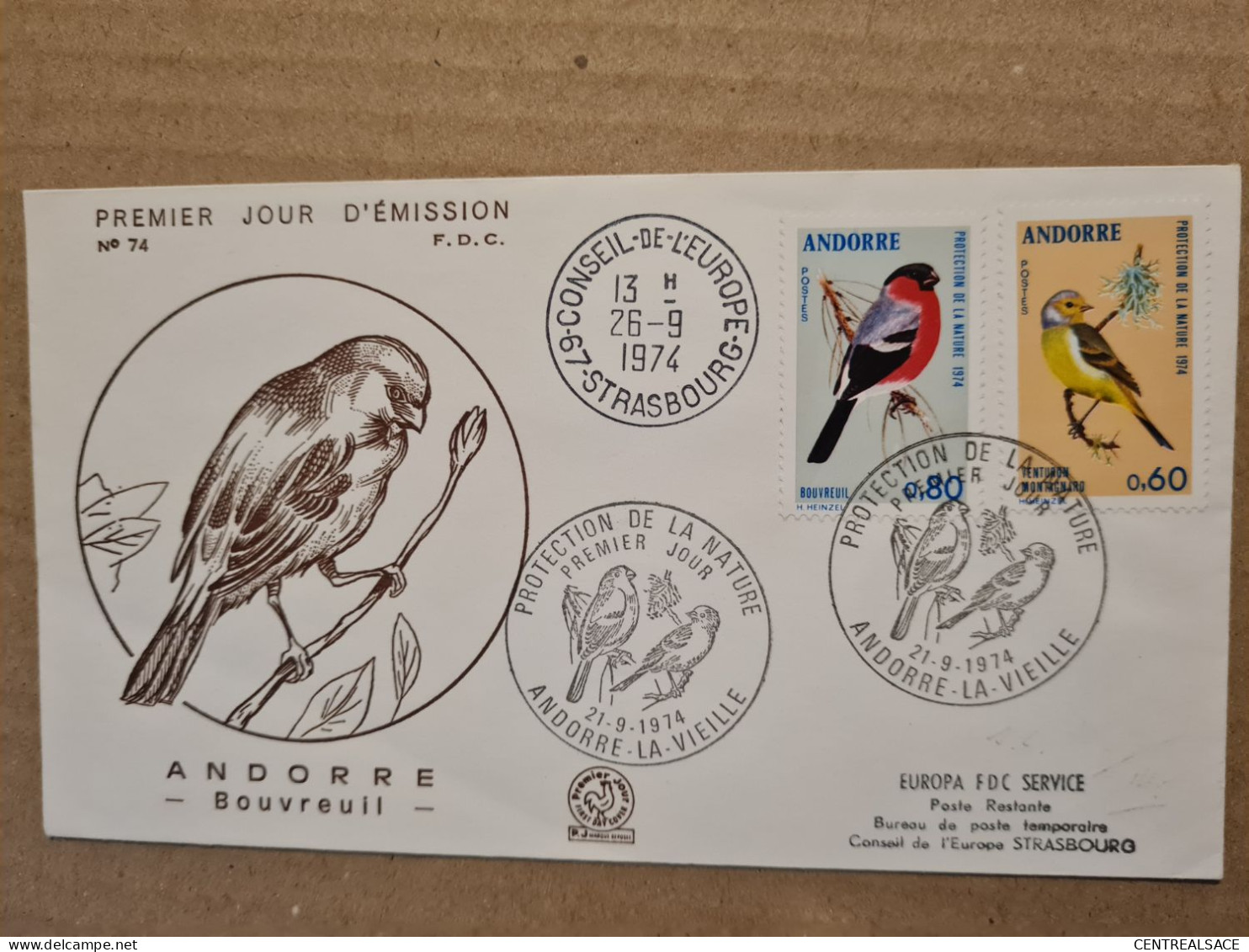 ANDORRE  LA VIEILLE FDC 1974 PROTECTION DE LA NATURE BOUVREUIL CONSEIL EUROPE STRASBOURG - Storia Postale