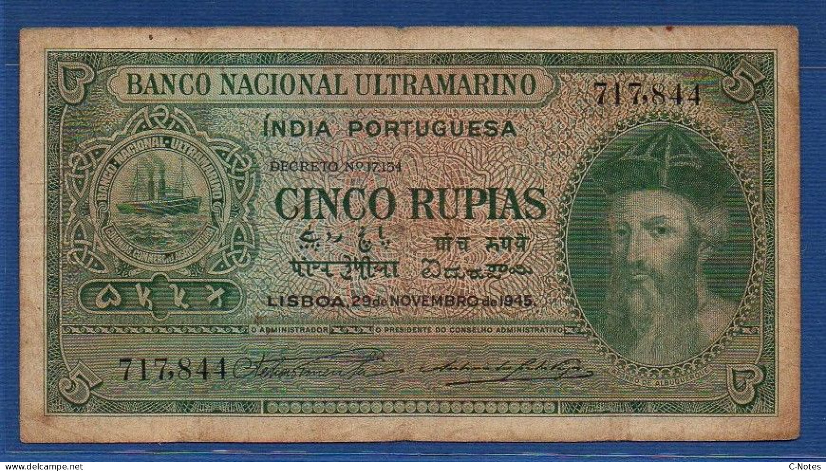 PORTUGUESE INDIA - P.35 (2) – 5 Rupees 1945  Circulated / F, Serie 717,844 - Other - Asia