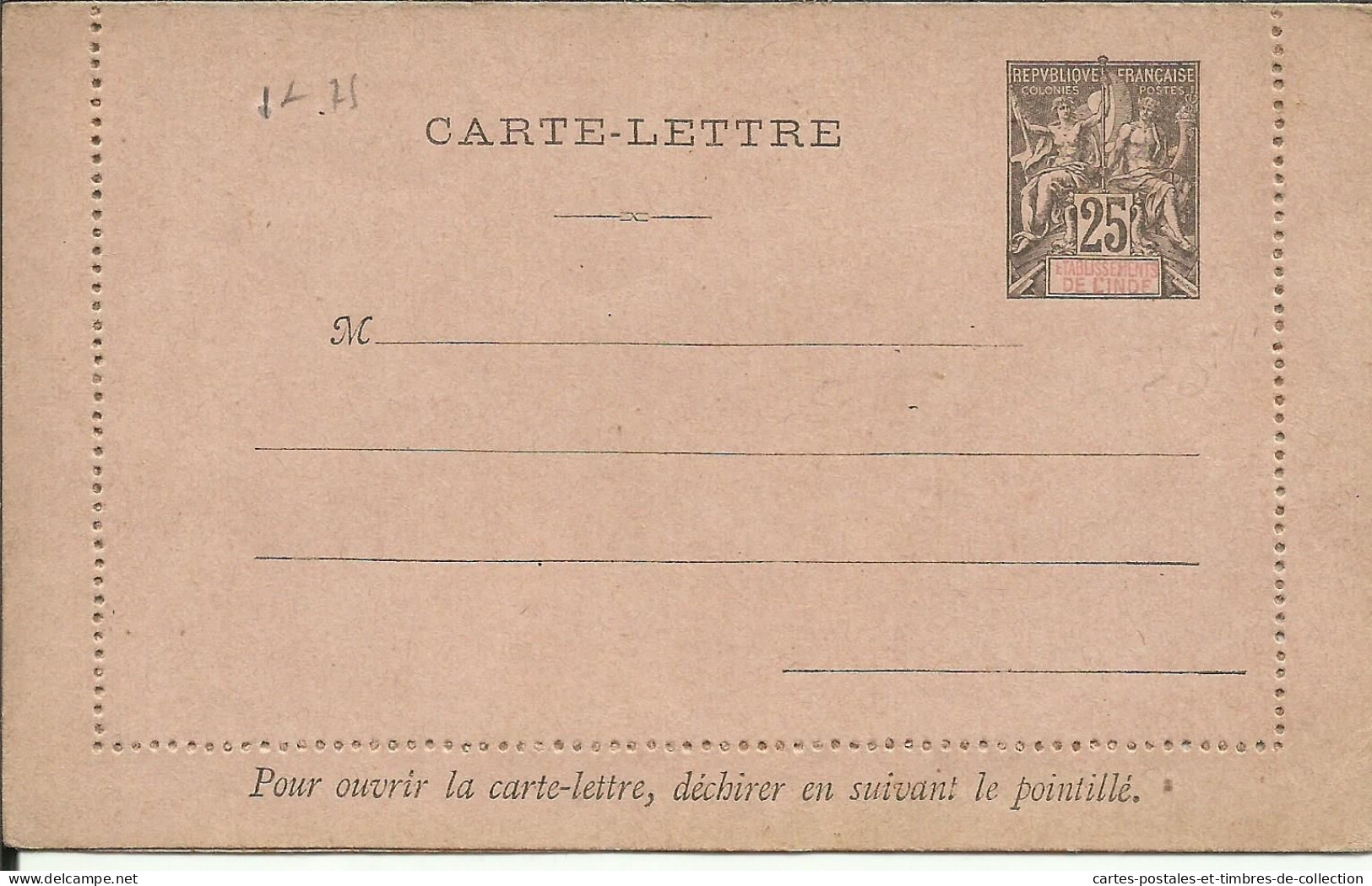 Entier Postal , Carte Lettre , 25 Cts , ETABLISSEMENTS DE L'INDE , µ - Lettres & Documents