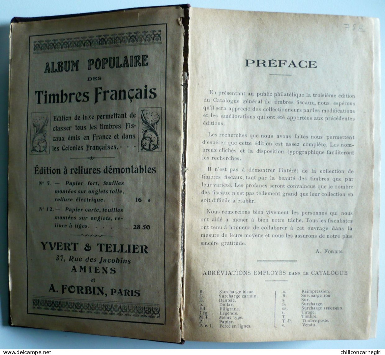 * FORBIN - Catalogue Prix Courant de Timbres Fiscaux - Timbre Fiscal - YVERT TELLIER - 3 Edition - 1915 - 795 Pages