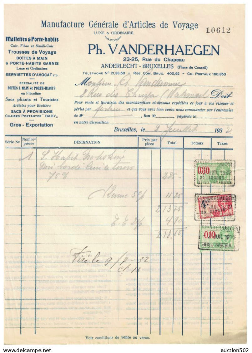Facture 1932 Anderlecht - Bruxelles Ph. Vanderhaegen Manufacture Générale D'Articles De Voyage TP Fiscaux - Petits Métiers
