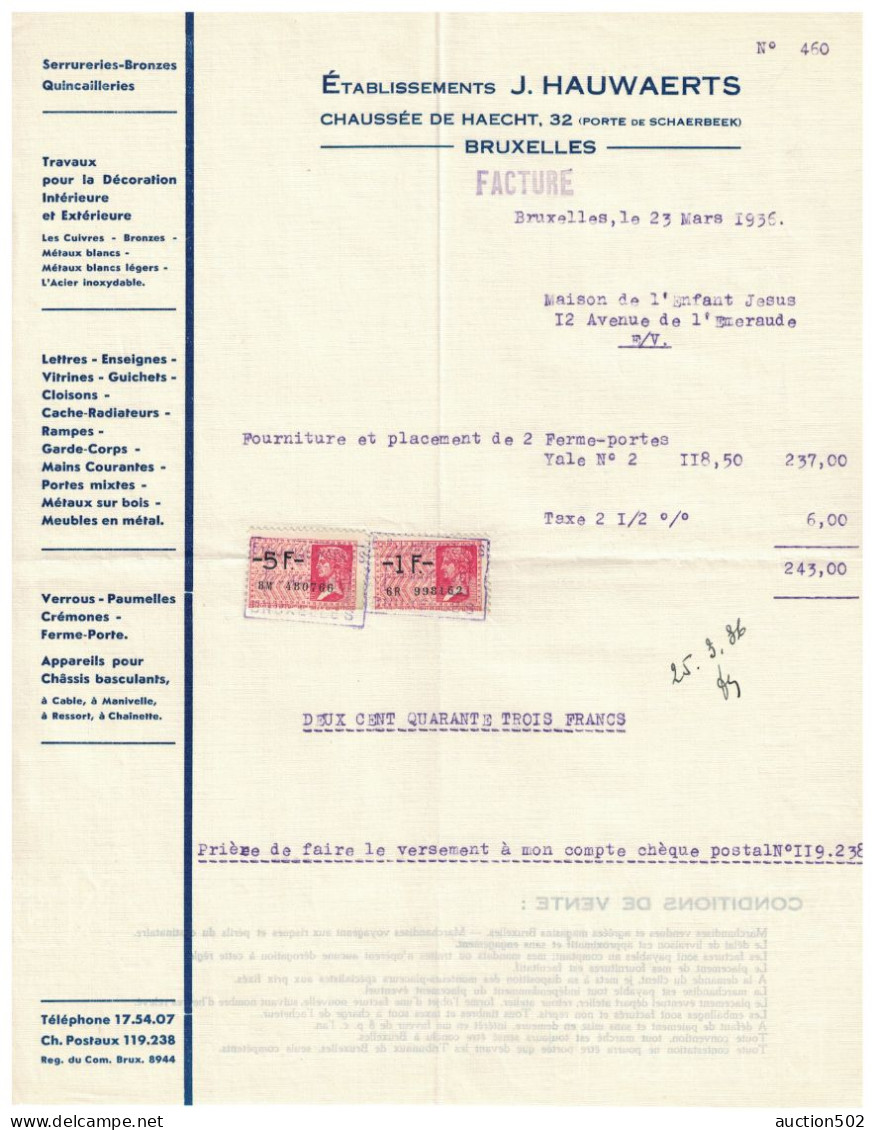 Facture 1936 Schaerbeek - Bruxelles Etablissements J. Hauwaerts Quincailleries TP Fiscaux - Petits Métiers