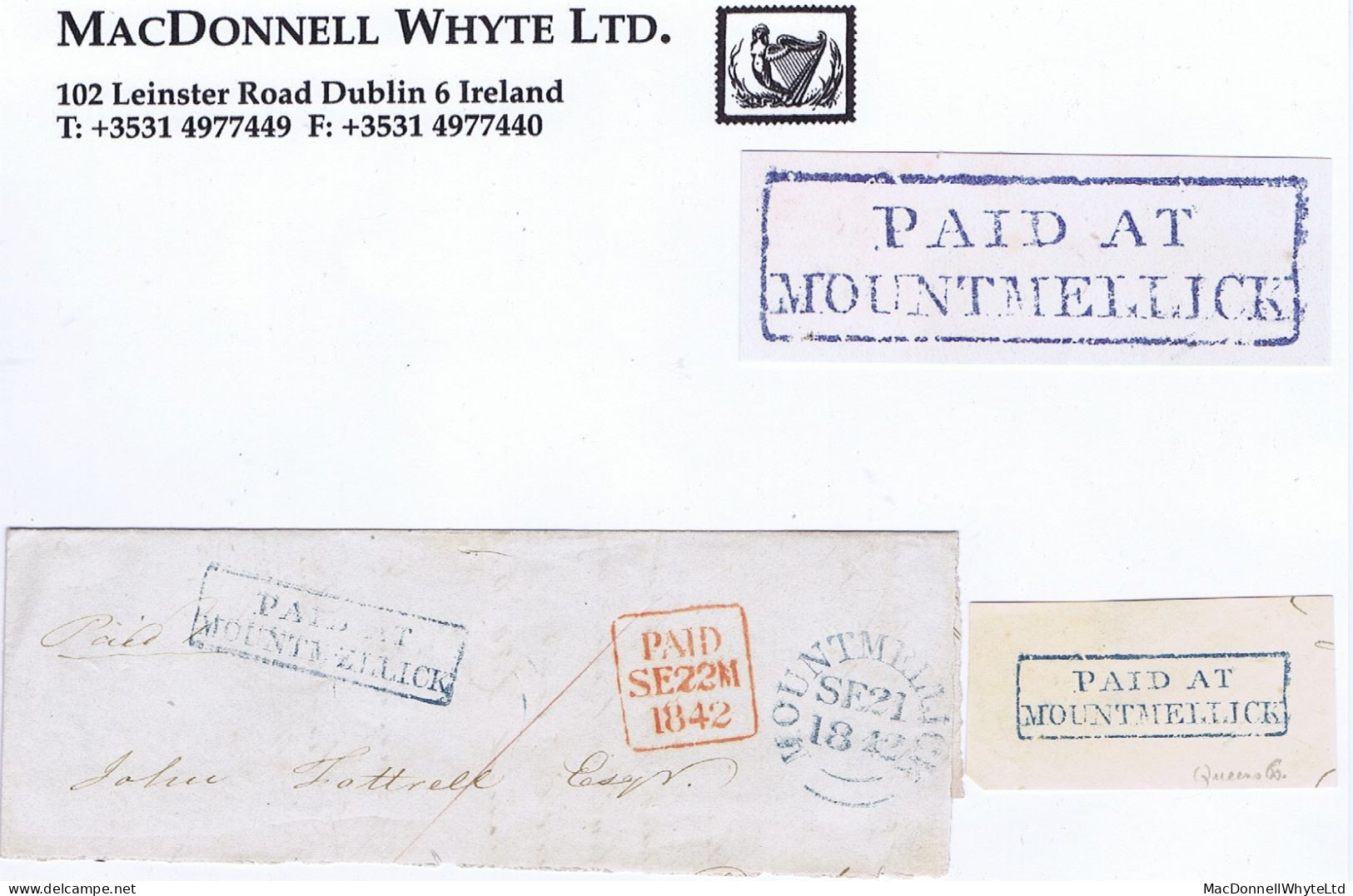 Ireland Laois 1842 Piece With Boxed PAID AT/MOUNTMELLICK And Matching MOUNTMELLICK SE 21 1842 Cds In Blue - Prephilately