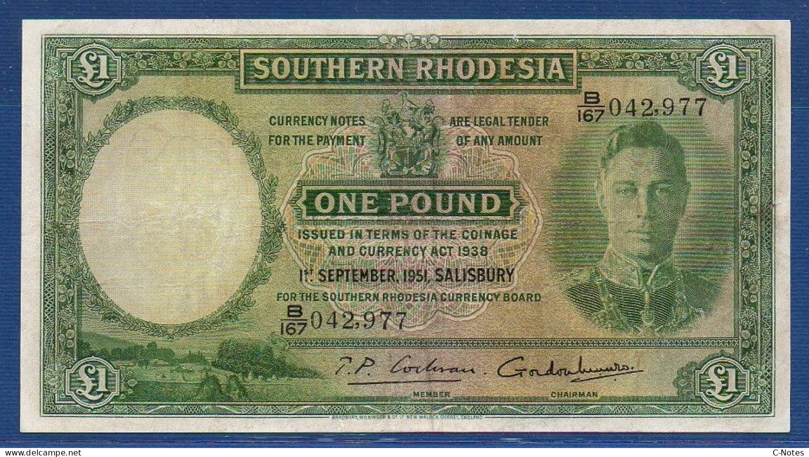 SOUTHERN RHODESIA - P.10f (7) – 1 Pound 01.09.1951 Circulated AF, S/n B/167 042,977 - Rhodesia