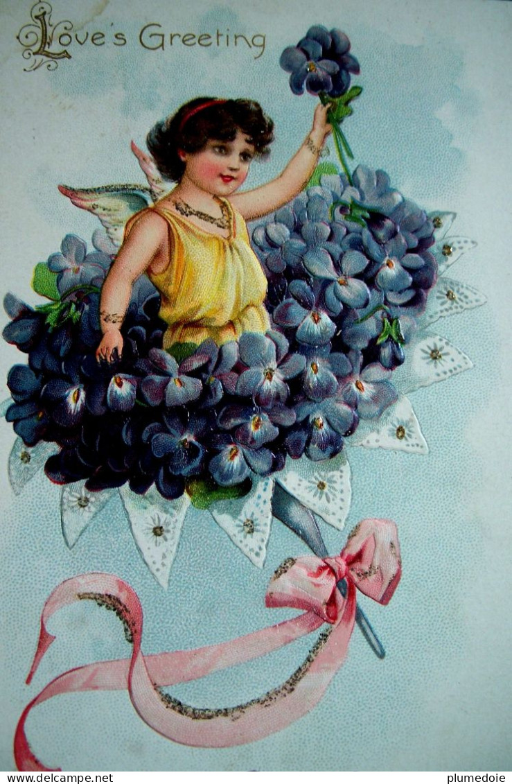 Cpa TUCK Gaufrée Ange, CHERUBIN Bouquet De VIOLETTES 1908 CUPID  In PURPLE FLOWERS FLORAL MISSIVE VALENTINE  EMBOSSED - Saint-Valentin