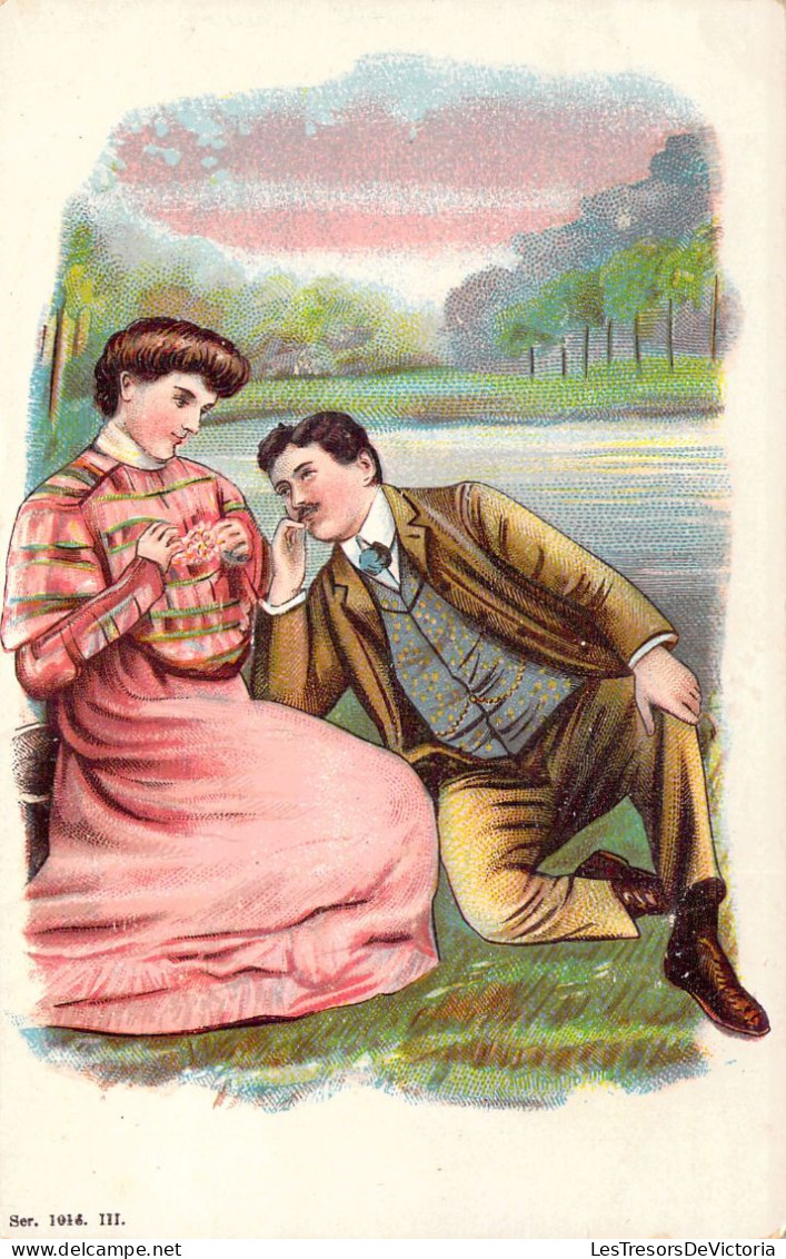 Couples - Illustration D'un Couple Assis Dans La Nature - Flirt - Carte Postale Ancienne - Paare