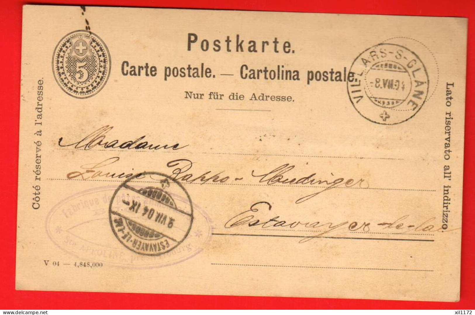 NBB-20 Carte Postale Ganzsache 5 Ct. Cachet Villars-sur-Glane Et Estavayer-le-lac 1904 Fabrique Buchs - Entiers Postaux