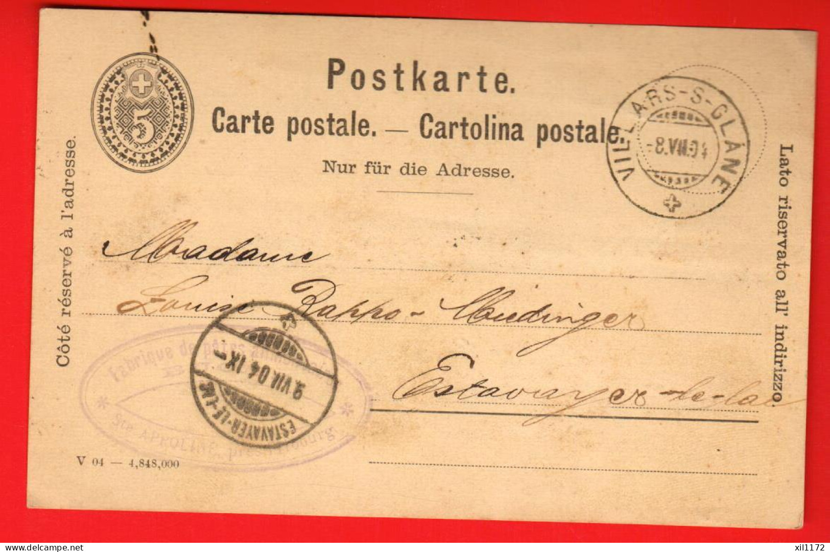 NBB-20 Carte Postale Ganzsache 5 Ct. Cachet Villars-sur-Glane Et Estavayer-le-lac 1904 Fabrique Buchs - Stamped Stationery