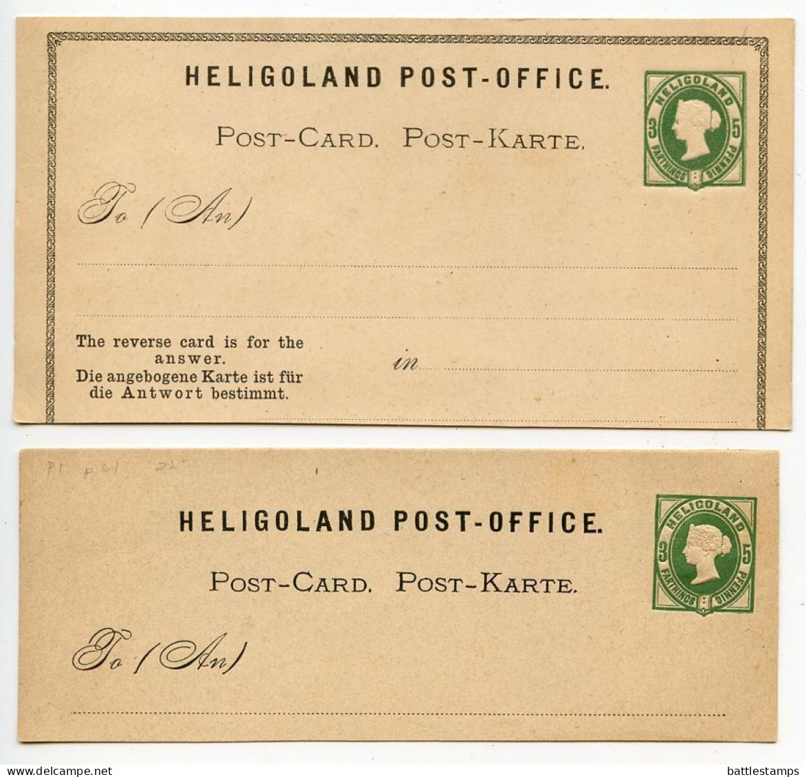 Heligoland 19th Century Mint 3f. / 5pf. Queen Victoria Postal Card & Postal Reply Card Half - Cut Pieces - Heligoland (1867-1890)