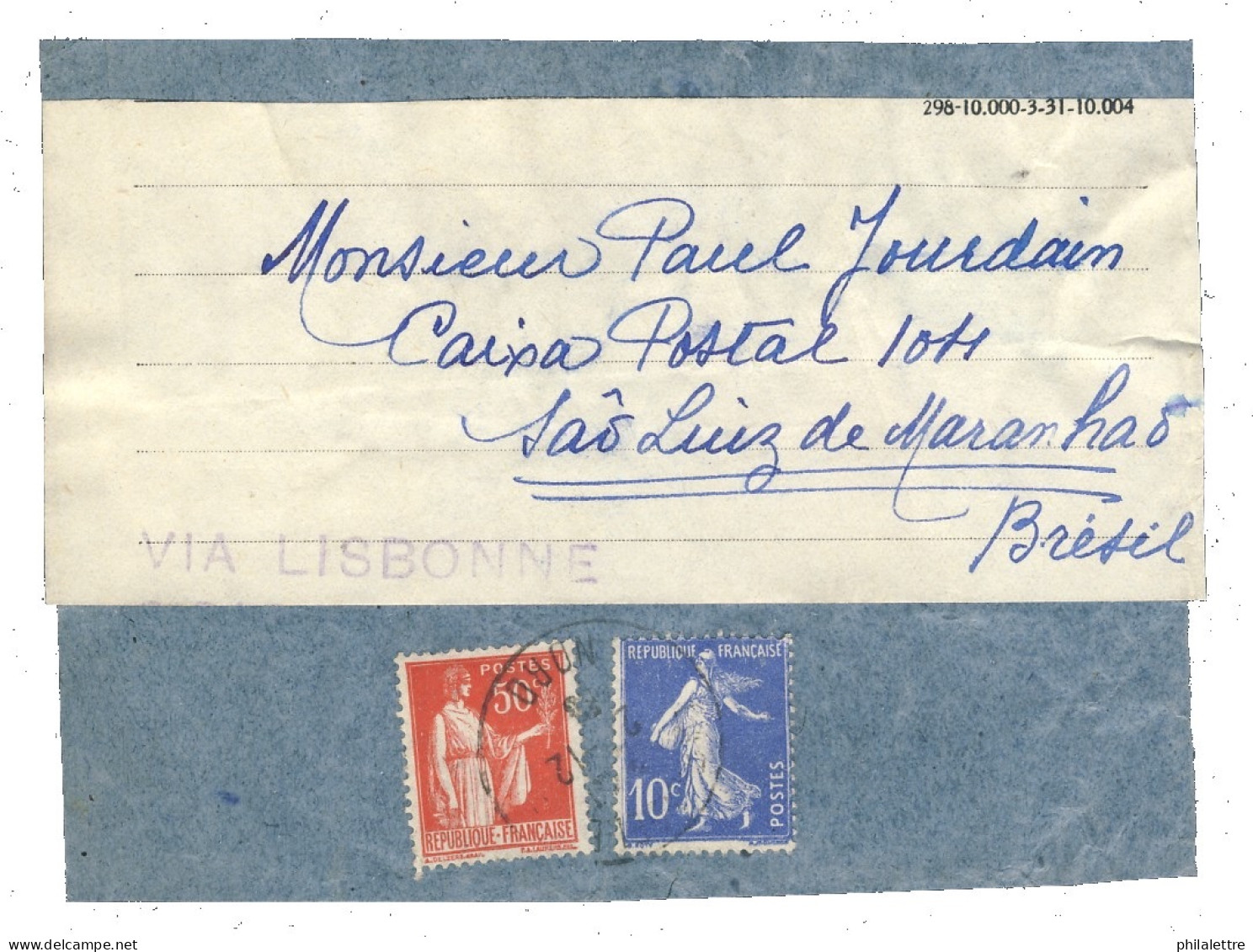 FRANCE - 1935 - 10c Ssemeuse & 50c Paix Sur Fragment D'Emballage De La Madeleine, Nord Pour Le Brésil "Via Lisbonne" - Storia Postale