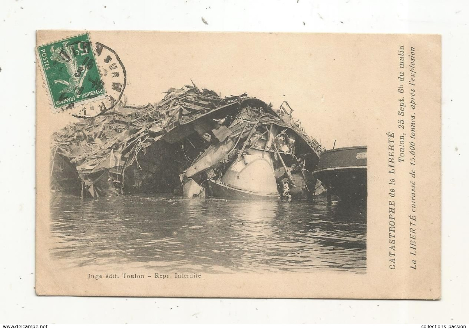 Cp, CATASTROPHE MARITIME, Bateau , Cuirassé LA LIBERTE,1911, TOULON ,aprés L'explosion,  Voyagée 1911 - Disasters