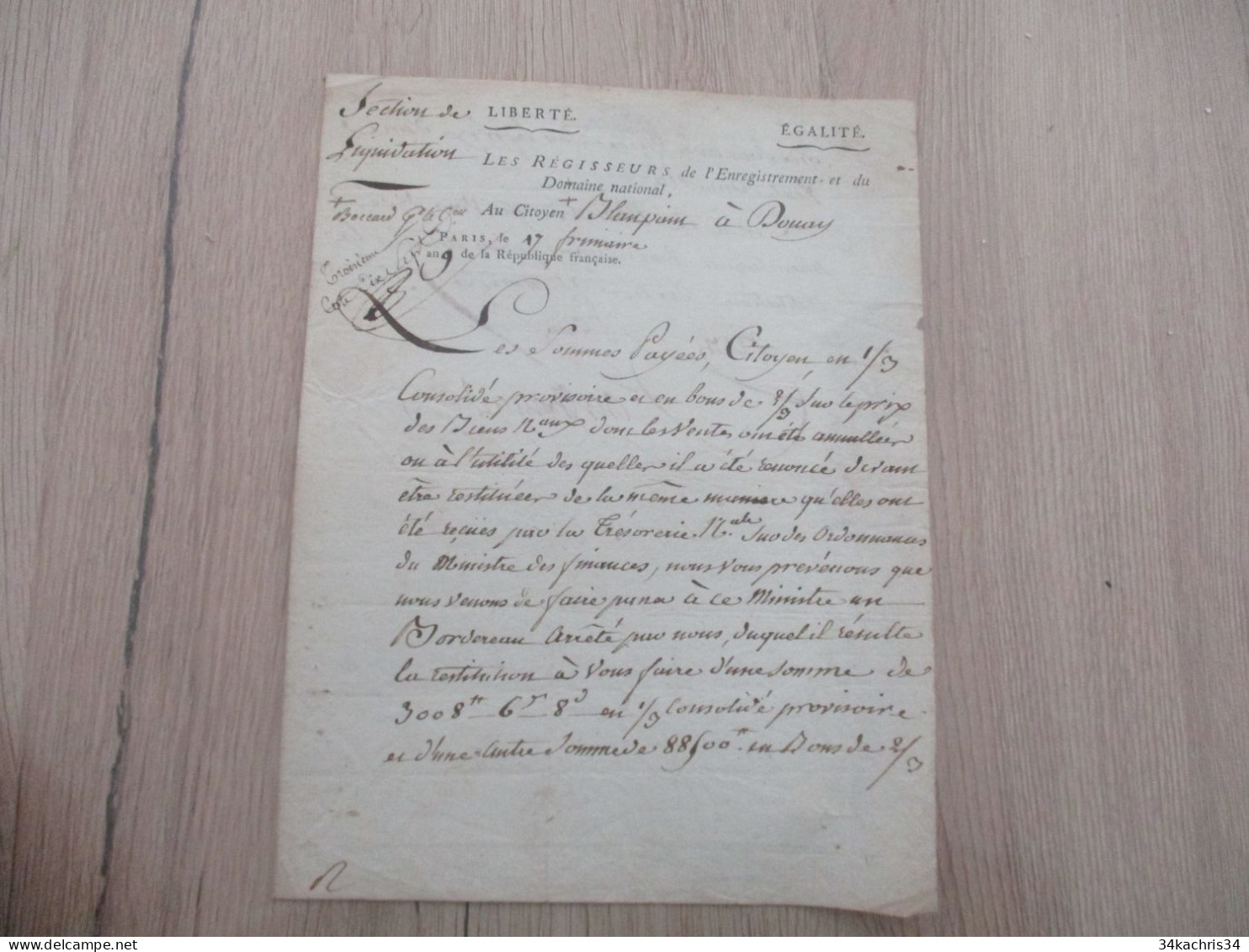 Enregistrement Des Domaine  Douai AN 9 Pièce Signée X3 Dochez Rier....Restitution De Versement... - Manuscrits