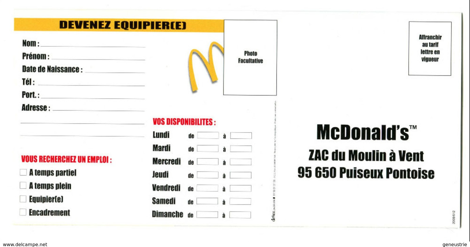 CPM Publicitaire Années 2000 - Restaurant McDonald's à Puiseux-Pontoise - Devenez équipier (e)" Cergy - Val D'Oise - Restaurants