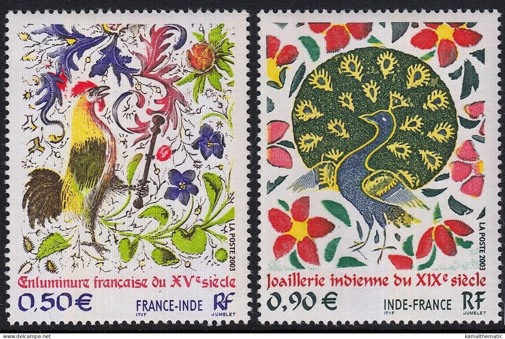 Joint Issue 2003 MNH 2v, France India, Birds, Paintings, Peacock - Peacocks