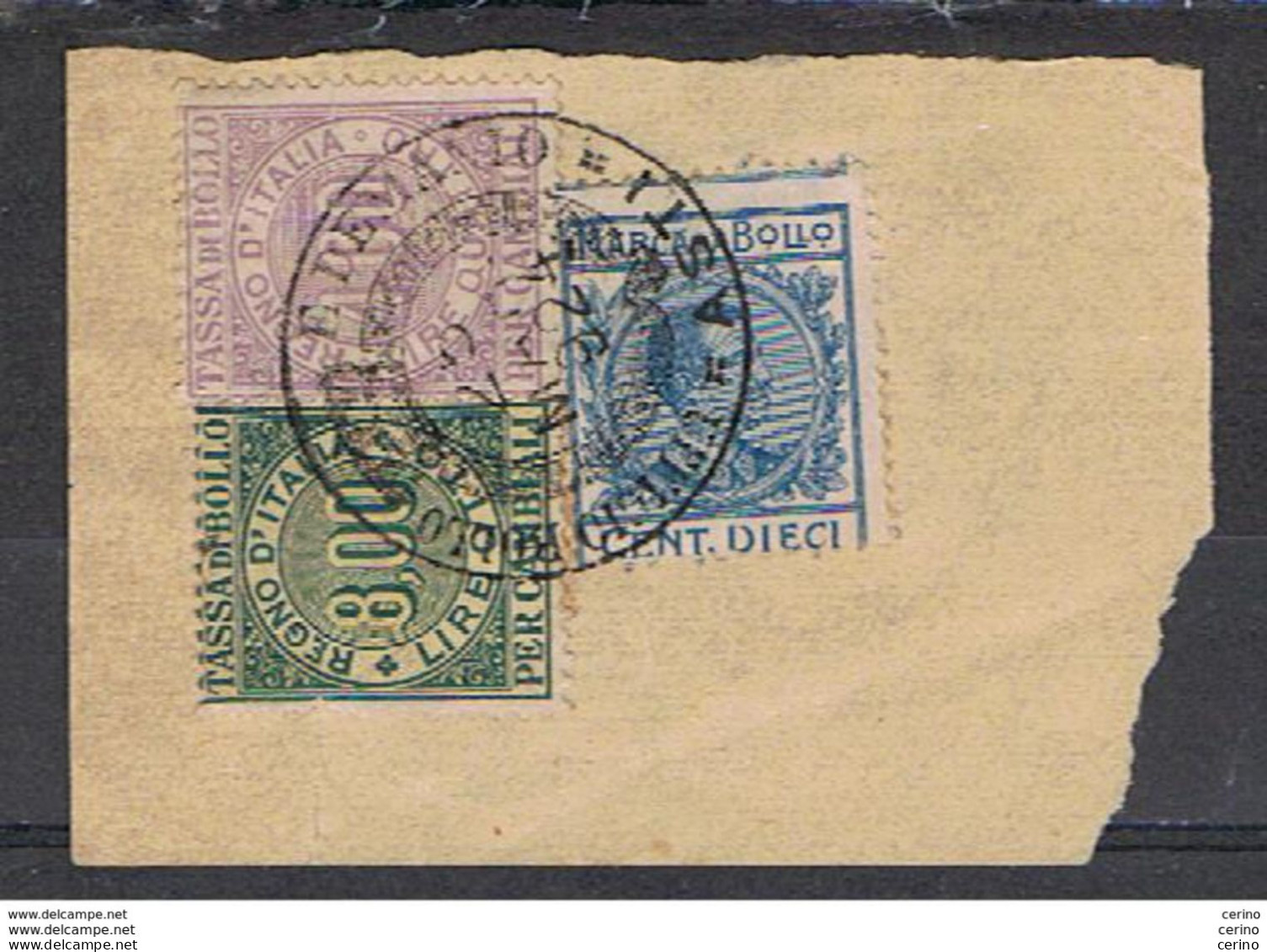 MARCHE  DA  BOLLO:  1924  VARI  10 C. + £. 4 + £. 10  SU  FRAMMENTINO - Fiscali