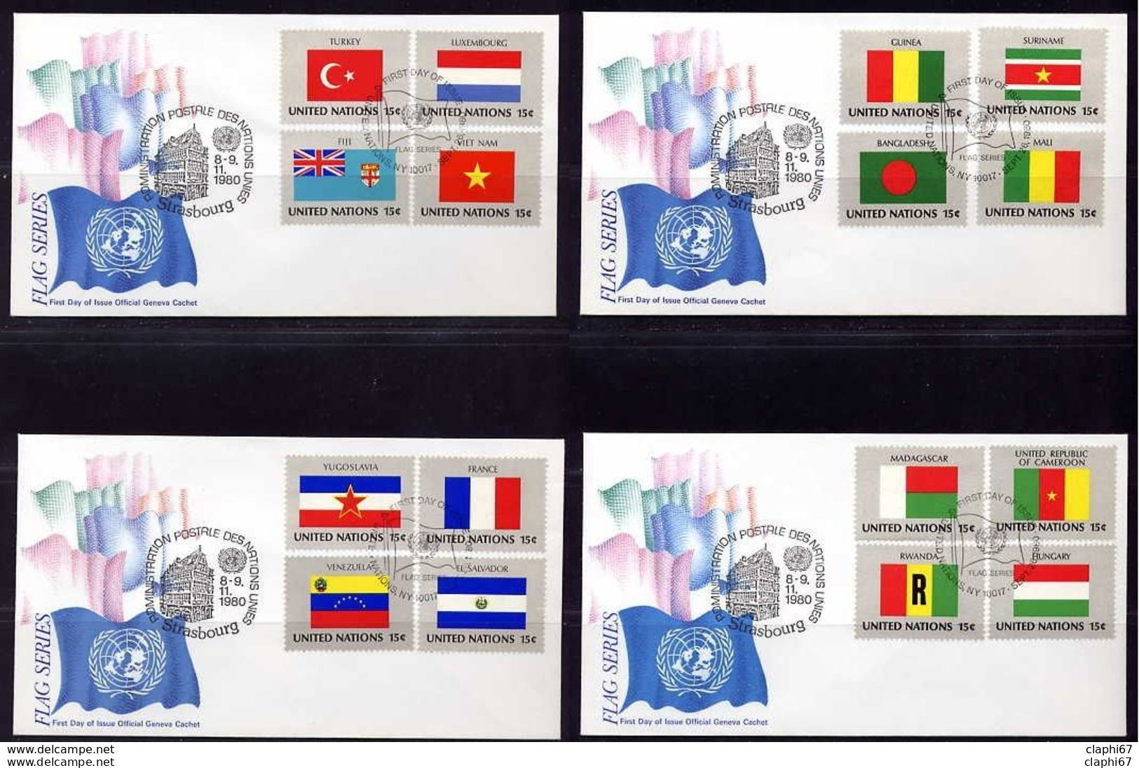 ONU 1980 Série Drapeaux Sur 4 Enveloppes Cachet FDC + Cachet Illustré Strasbourg Des 8.9-11-80 - Covers & Documents