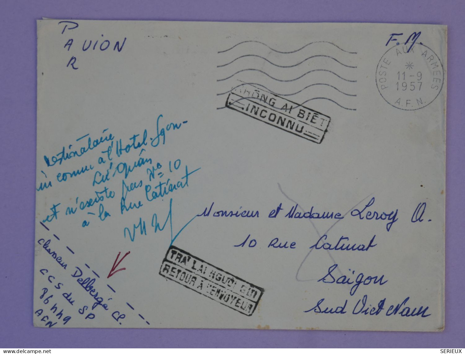 BR5  INDOCHINE BELLE  LETTRE AFN RR  1957 KON HAN BIET PAR AVION SAIGON RETOUR A L ENVOYEUR  +AFF. PLAISANT++ - Storia Postale
