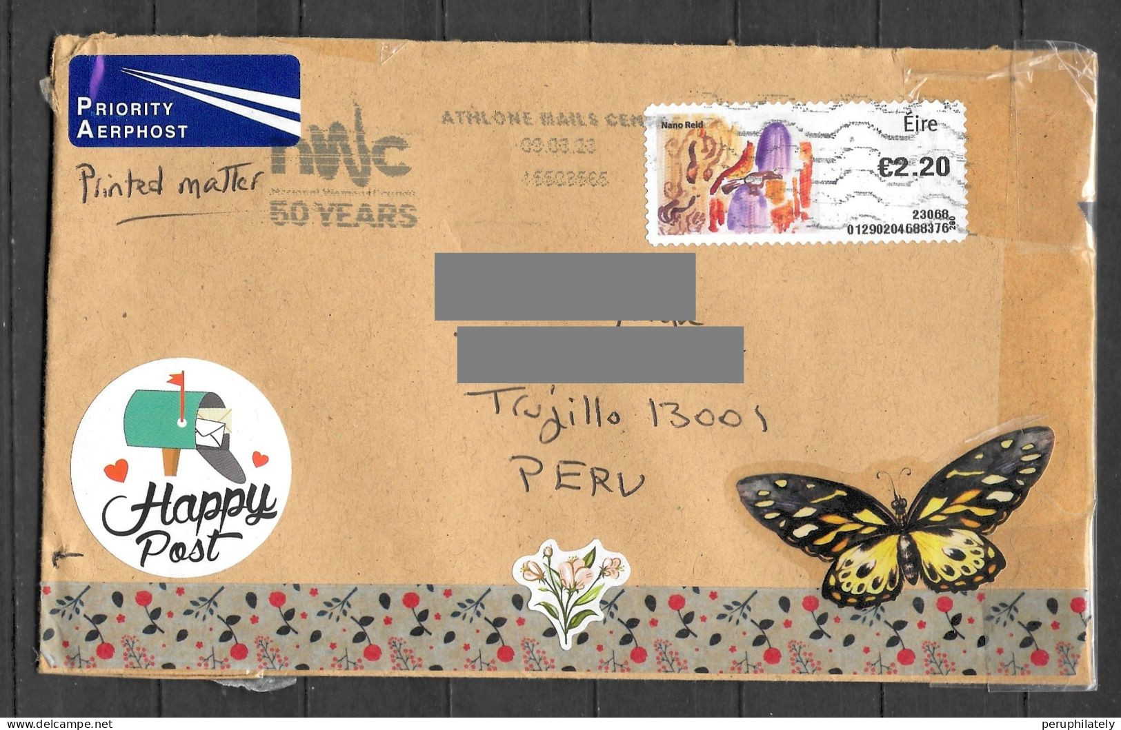 Ireland Cover With Art ATM Sent To Peru - Oblitérés