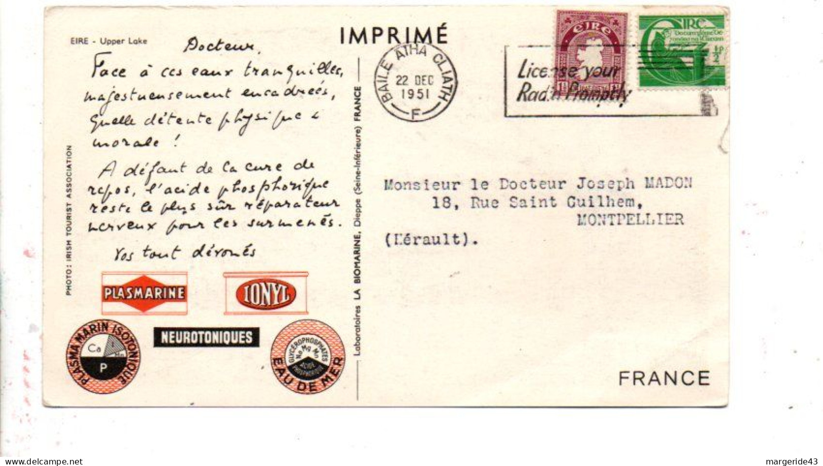 IRLANDE AFFRANCHISSEMENT COMPOSE SUR CARTE DE LABORATOIRE POUR LA FRANCE 1951 - Covers & Documents