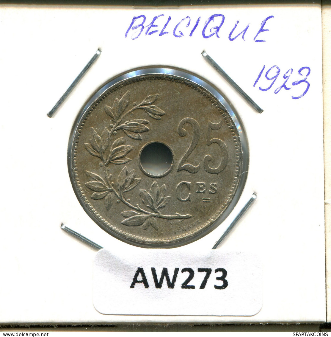 25 CENTIMES 1923 FRENCH Text BELGIQUE BELGIUM Pièce #AW273.F - 25 Cents