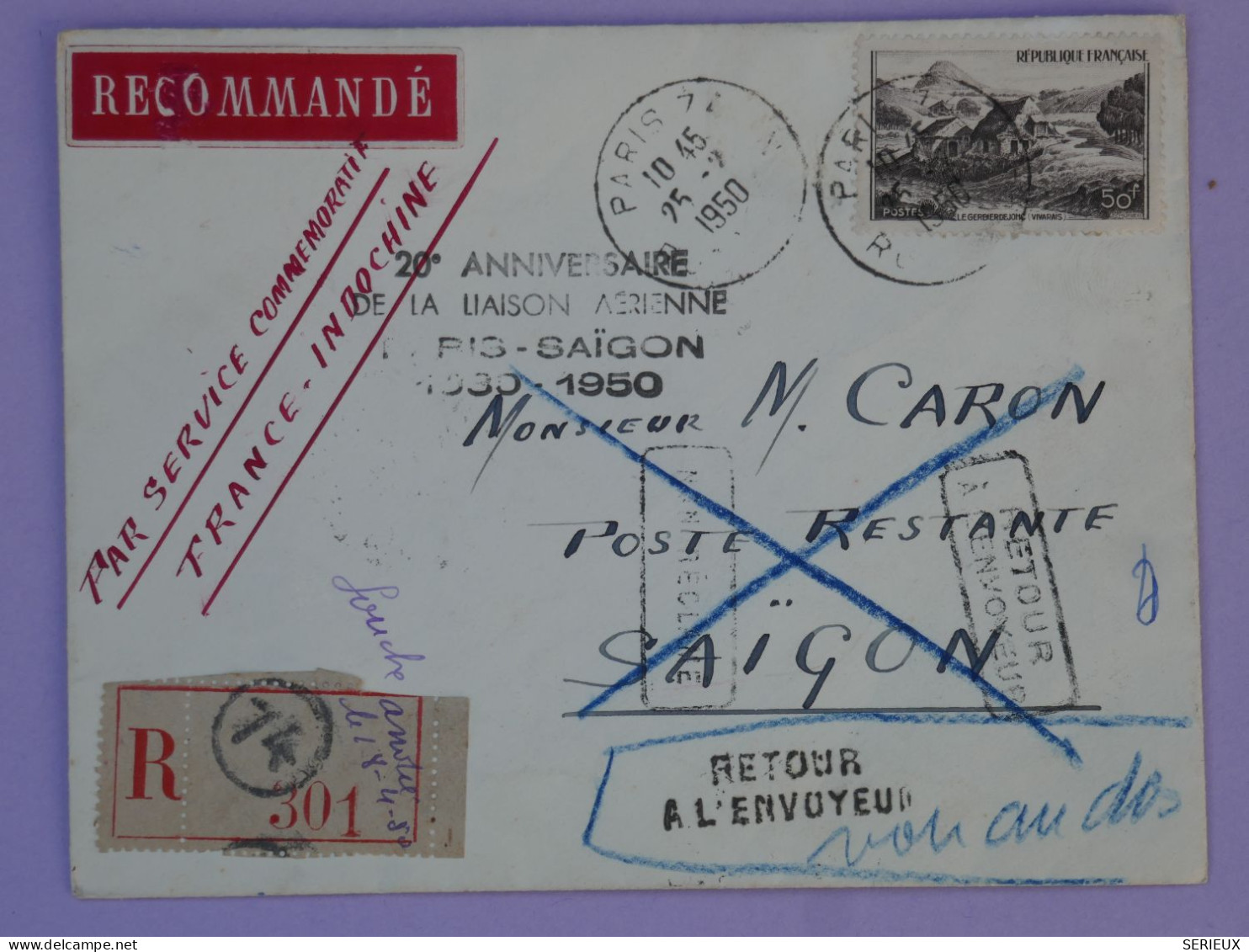 BR5 FRANCE INDOCHINE   BELLE  LETTRE  1950 PARIS  A  SAIGON VIETNAM REDISTR.  +AFF. PLAISANT+ - Airmail