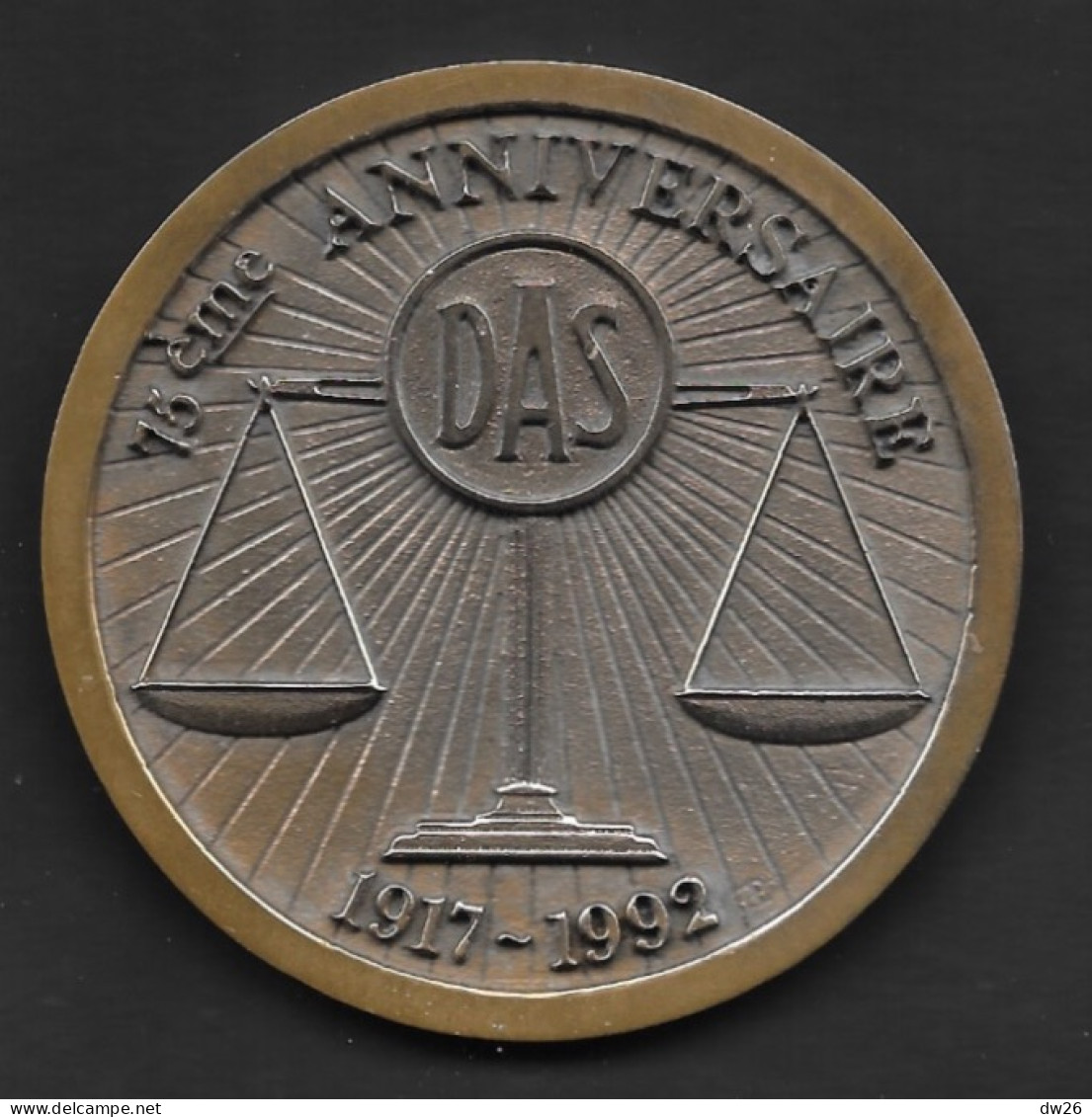 Médaille En Bronze Grand Format: 75e Anniversaire Société D'Assurance DAS (D.A.S.) 1917-1992 - Professionnels / De Société
