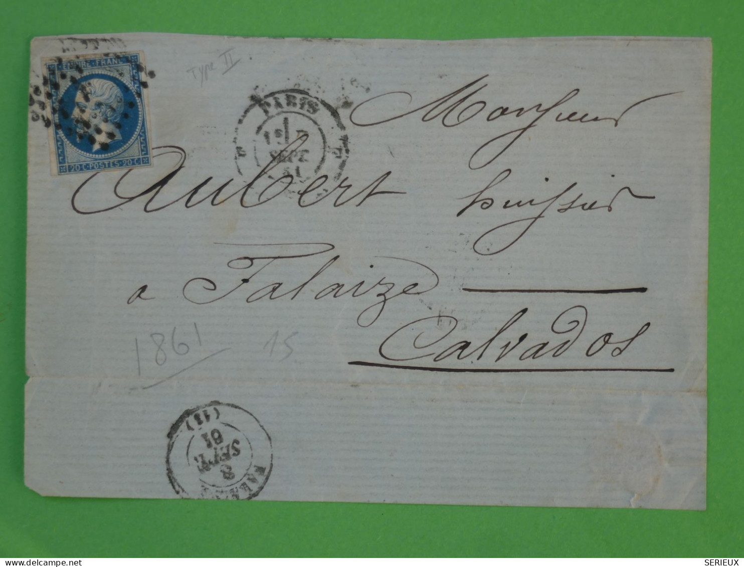 BR5 FRANCE   LETTRE DEVANT  1861 PARIS A  FALAIZE+N°14 +AFF. INTERESSANT+ - 1853-1860 Napoléon III.