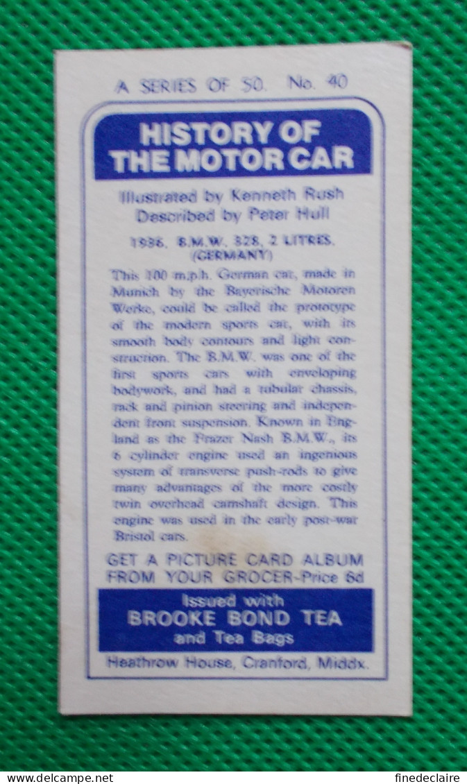 Trading Card - Brooke Bond Tea- History Of The Motor Car - 1936 BMW 328 "Germany" - (6,8 X 3,7)-Série 50 - N° 40 - Motores