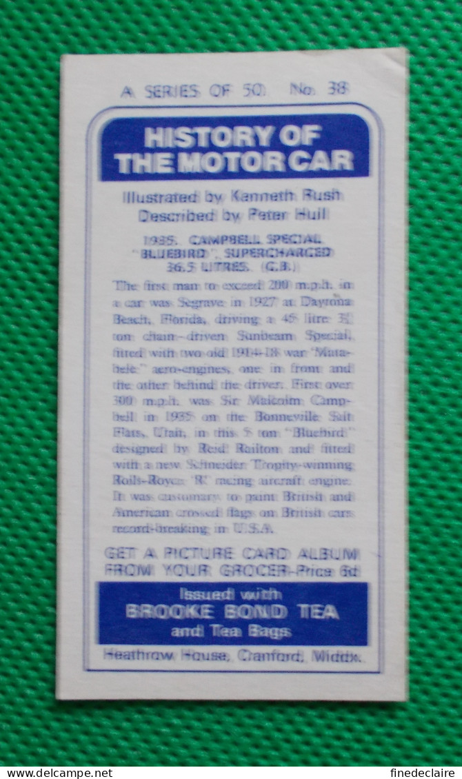 Trading Card - Brooke Bond Tea- History Of The Motor Car - 1935 Campbell Spécial Bluebird - (6,8 X 3,7)-Série 50 - N° 38 - Auto & Verkehr