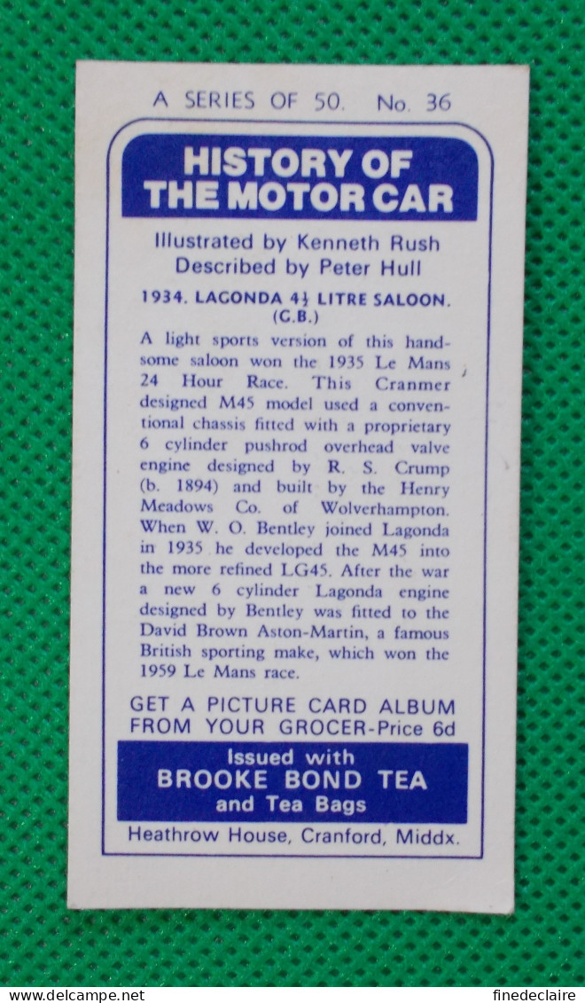 Trading Card - Brooke Bond Tea- History Of The Motor Car - 1934 Lagonda Saloon - (6,8 X 3,7)-Série 50 - N° 36 - Engine