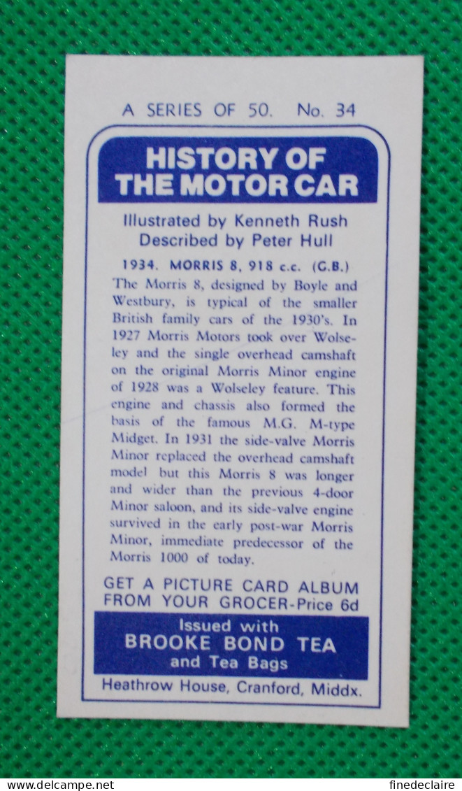 Trading Card - Brooke Bond Tea- History Of The Motor Car - 1934 Morris 918 Cc - (6,8 X 3,7)-Série 50 - N° 34 - Auto & Verkehr