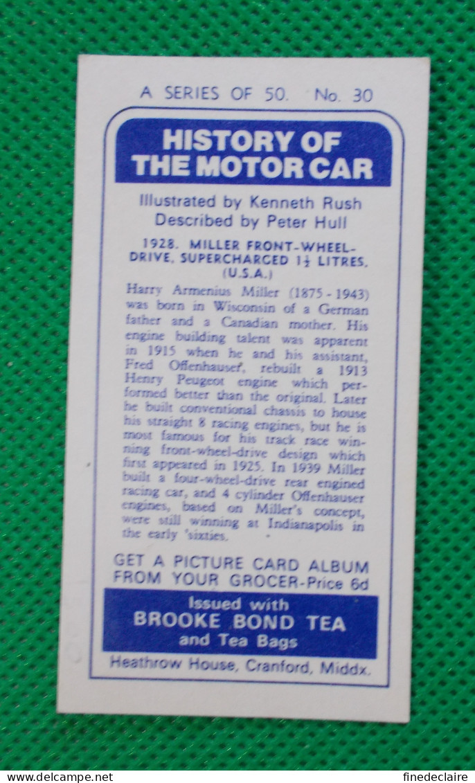 Trading Card - Brooke Bond Tea- History Of The Motor Car - 1928 Miller Front Wheel Drive - (6,8 X 3,7)-Série 50 - N° 30 - Moteurs