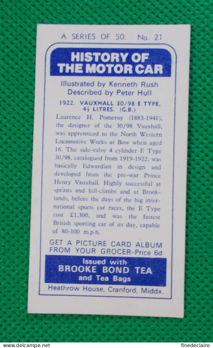 Trading Card - Brooke Bond Tea- History Of The Motor Car - 1922 Vauxhall 30/98 E Type  (6,8 X 3,7)-Série 50 - N° 21 - Motores