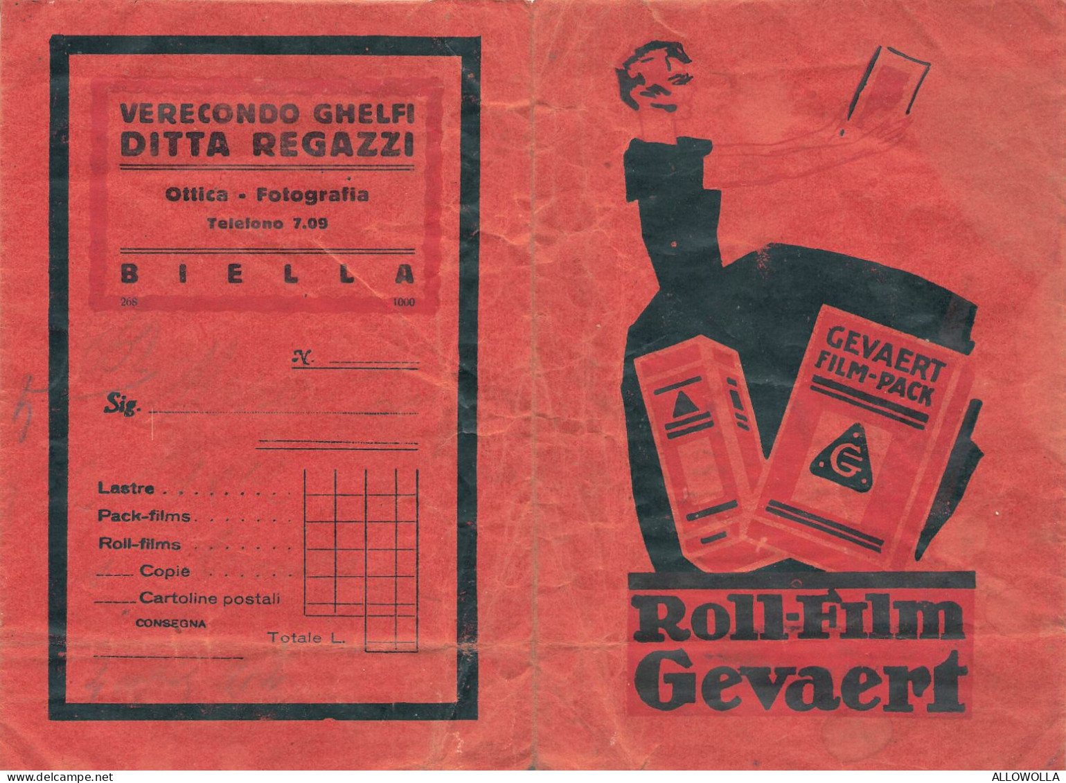 20142 " ROLL-FILM GEVAERT-PORTAFOTO VERECONDO GHELFI-DITTA REGAZZI-BIELLA "-FORMATO Cm. 15,5 X 10,5 CIRCA - Matériel & Accessoires