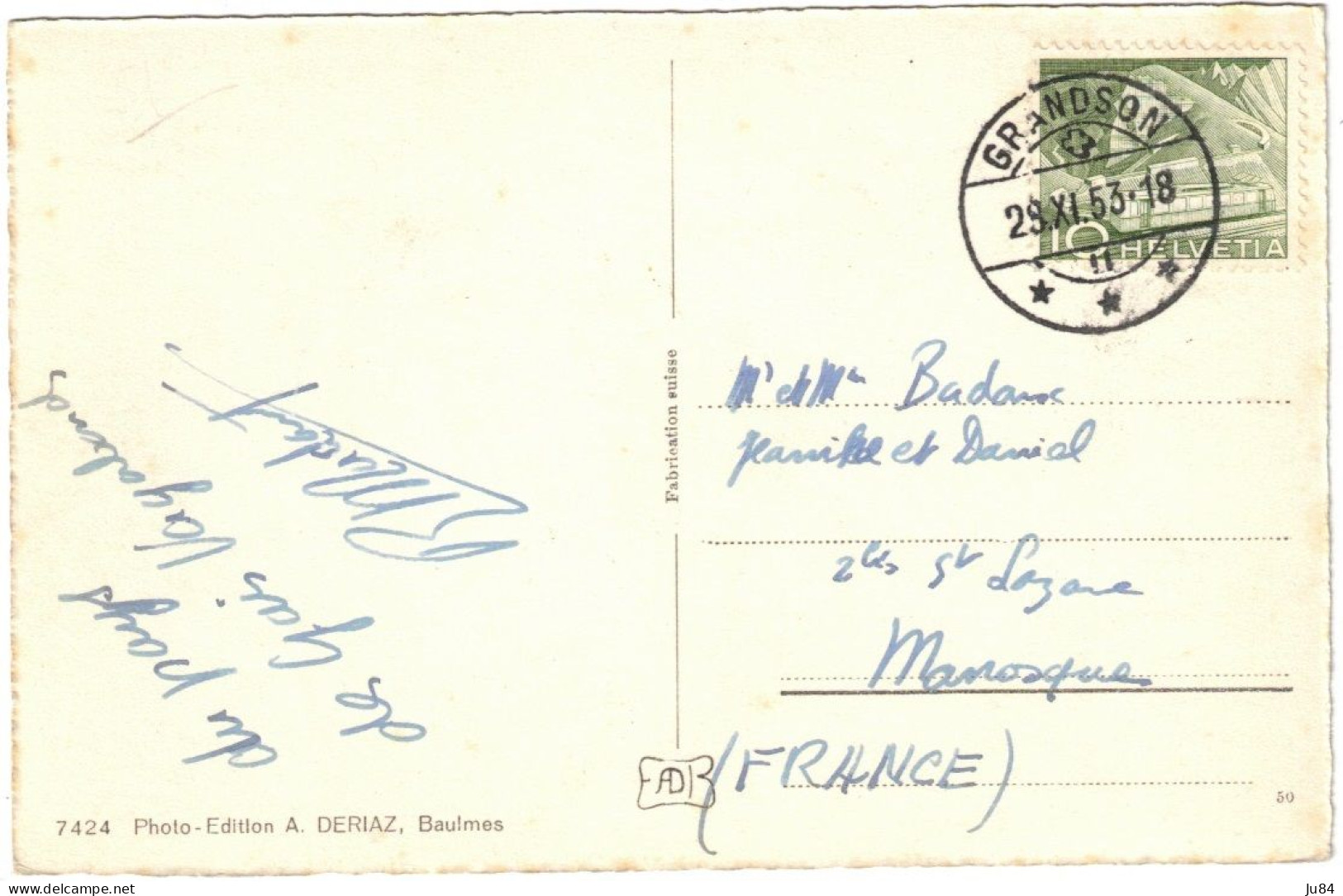 Suisse - Vaud - Grandson - Carte Postale Pour Manosque (France) - 29 Novembre 1953 - Grandson