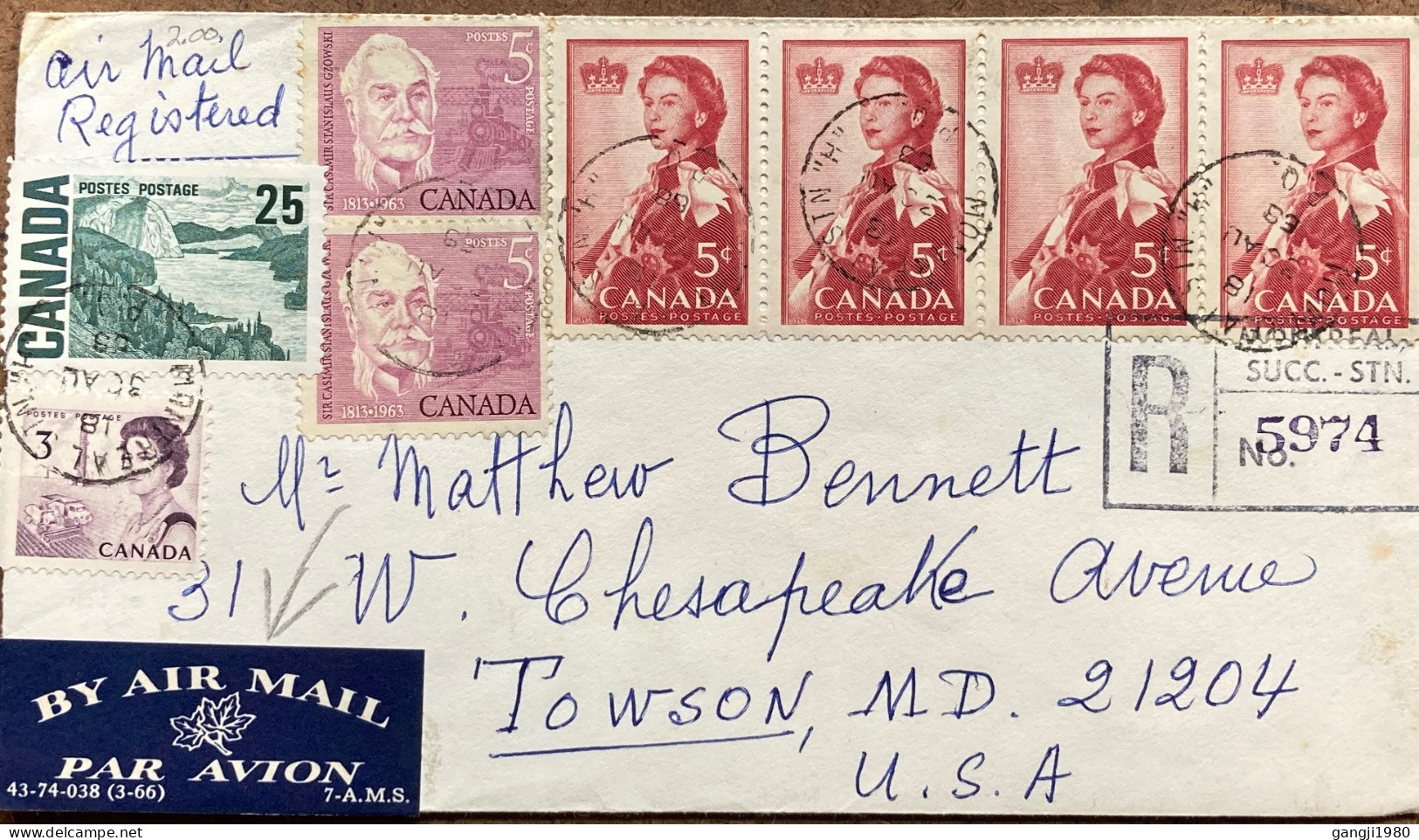 CANADA -1968, REGISTER, AIRMAIL, COVER USED TO USA, MULTI 8 STAMP, CASIMIR GZOWOSKT, RAILWAY, ROYAL QUEEN ELIZABETH, MON - Lettres & Documents