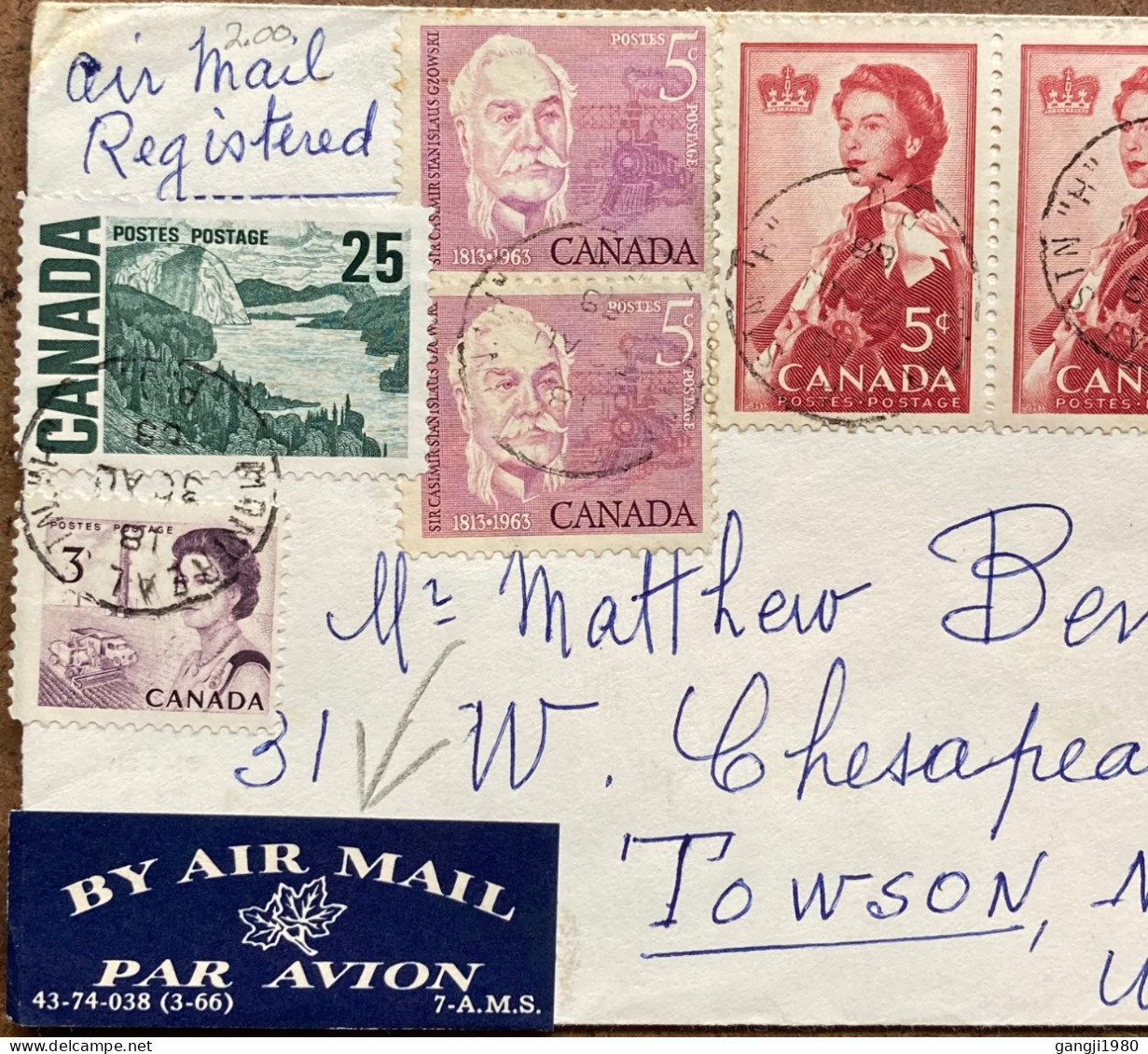 CANADA -1968, REGISTER, AIRMAIL, COVER USED TO USA, MULTI 8 STAMP, CASIMIR GZOWOSKT, RAILWAY, ROYAL QUEEN ELIZABETH, MON - Covers & Documents