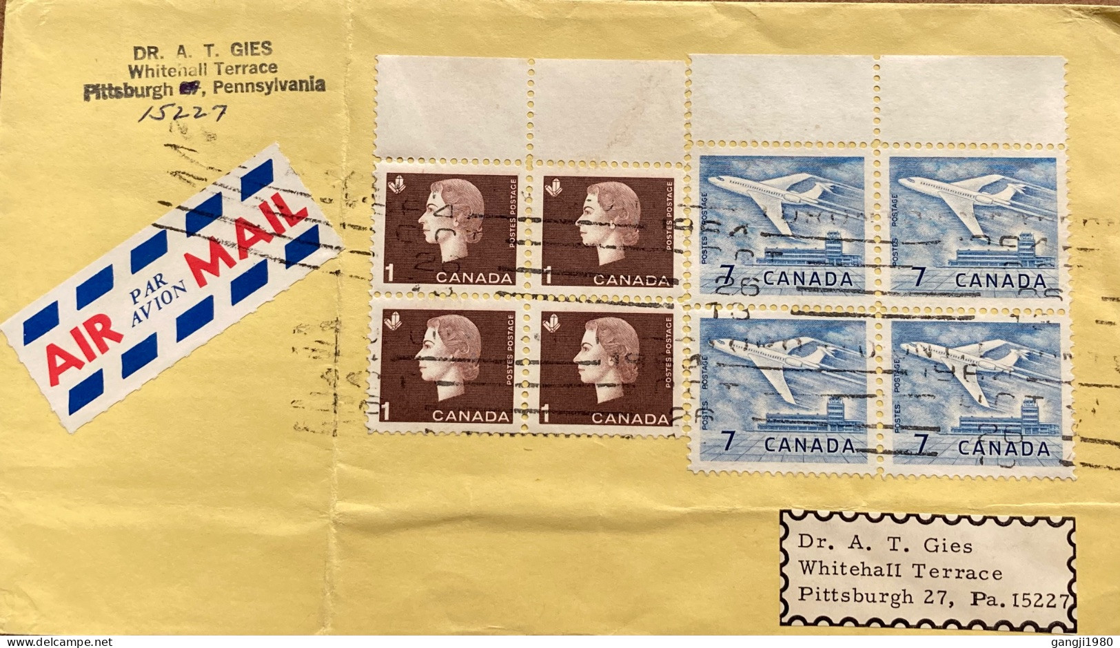 CANADA-1962, COVER USED TO USA, QUEEN, AEROPLANE, BLOCK 4  WITH MARGIN, TOTAL  8 STAMP USED. - Covers & Documents