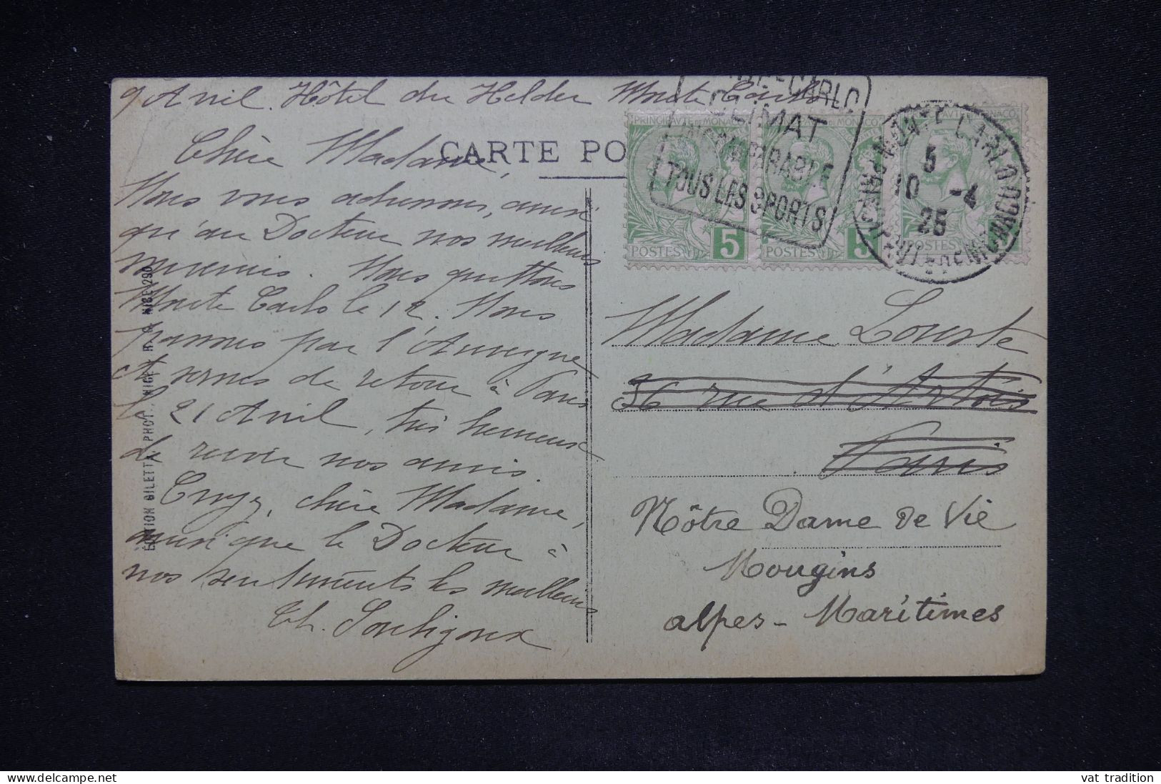 MONACO - Carte Postale De Monaco Pour Paris Et Redirigé Vers Mougins En 1925  - L 143158 - Brieven En Documenten