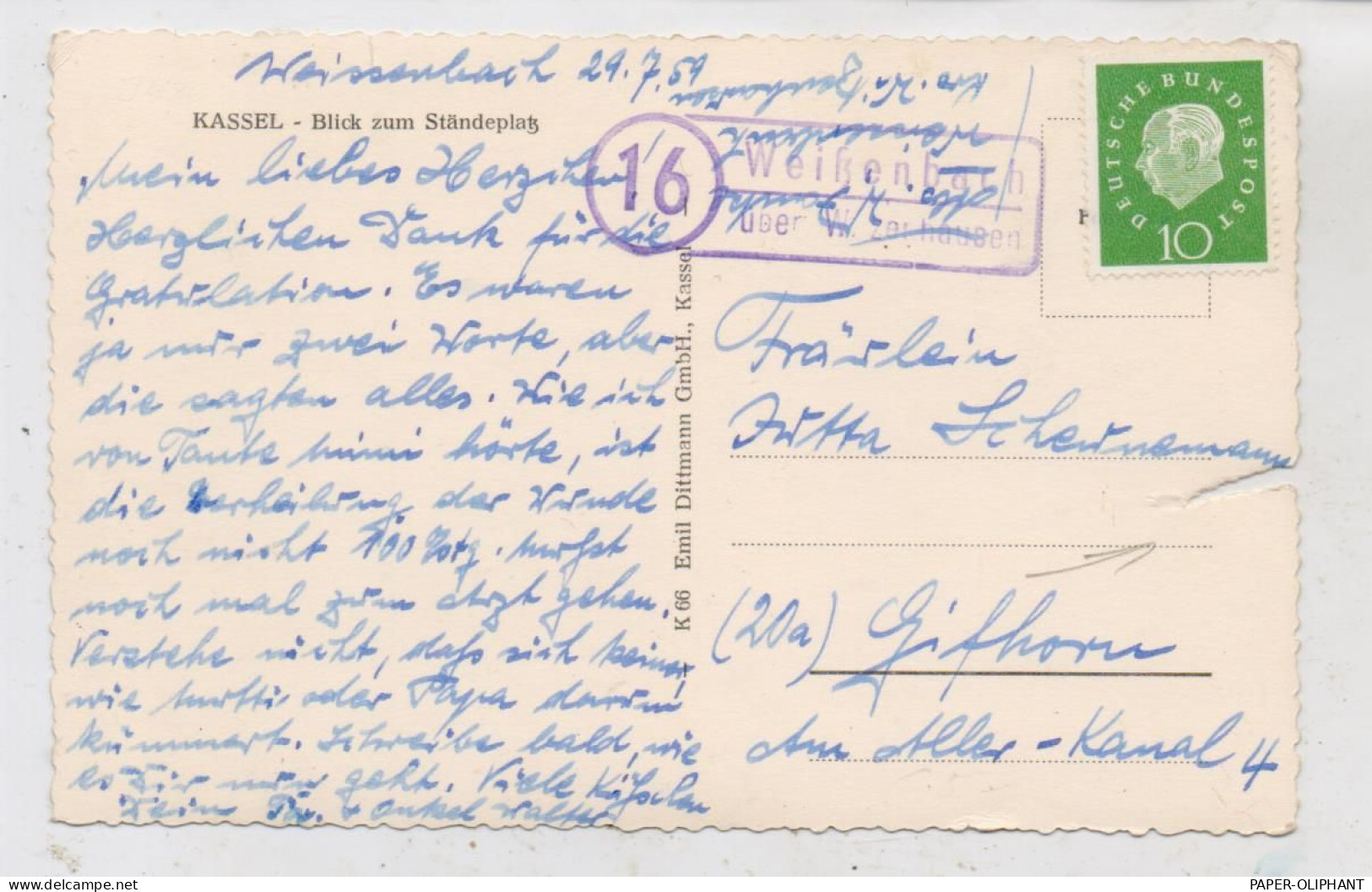 3432 GROSSALMERODE - WEISSENBACH, Postgeschichte, Landpoststempel 1959, Seitl. Einriss In Der AK - Eschwege