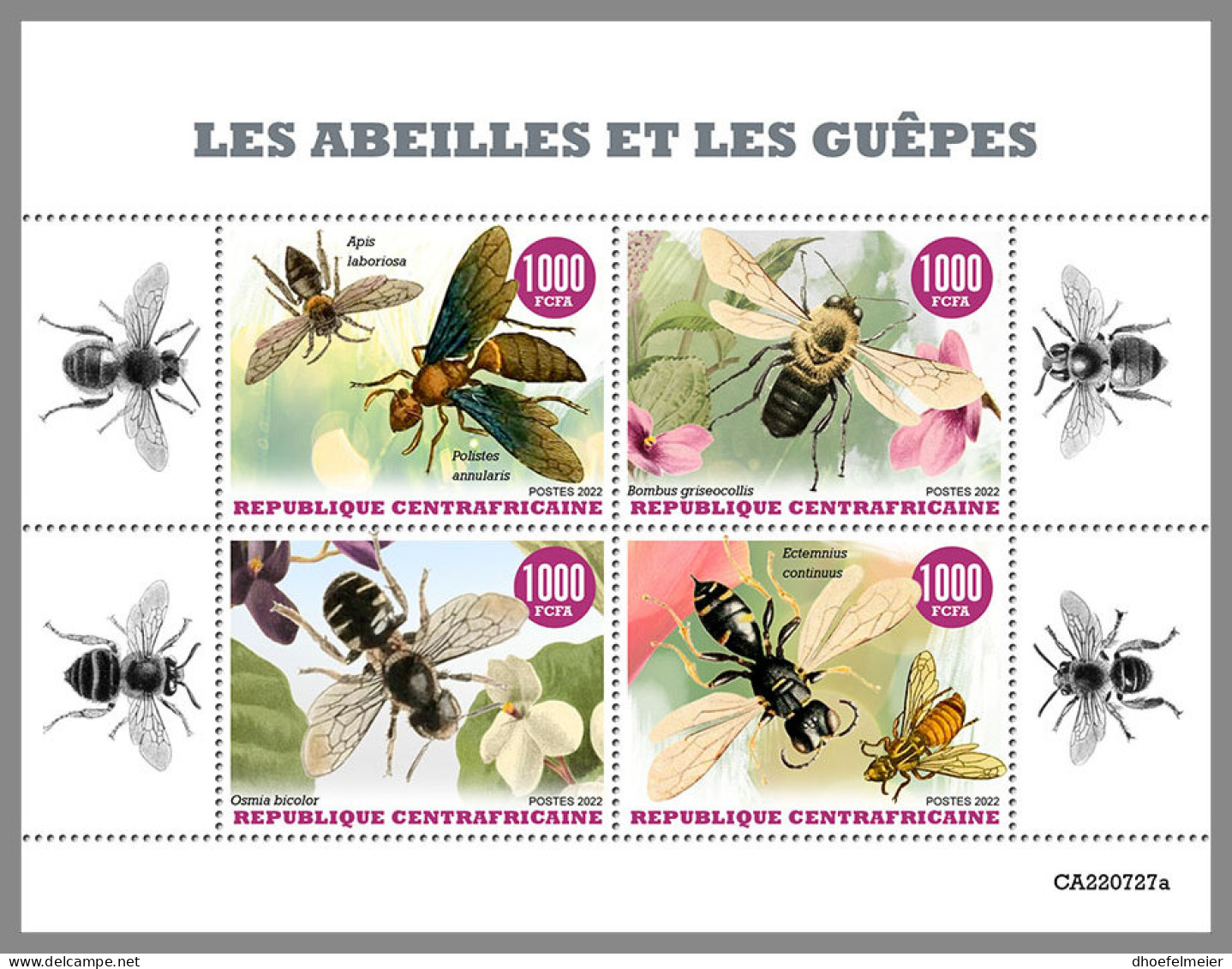 CENTRAL AFRICAN 2022 MNH Bees Wasps Bienen Wespen Abeilles Guepes M/S - IMPERFORATED - DHQ2316 - Abeilles